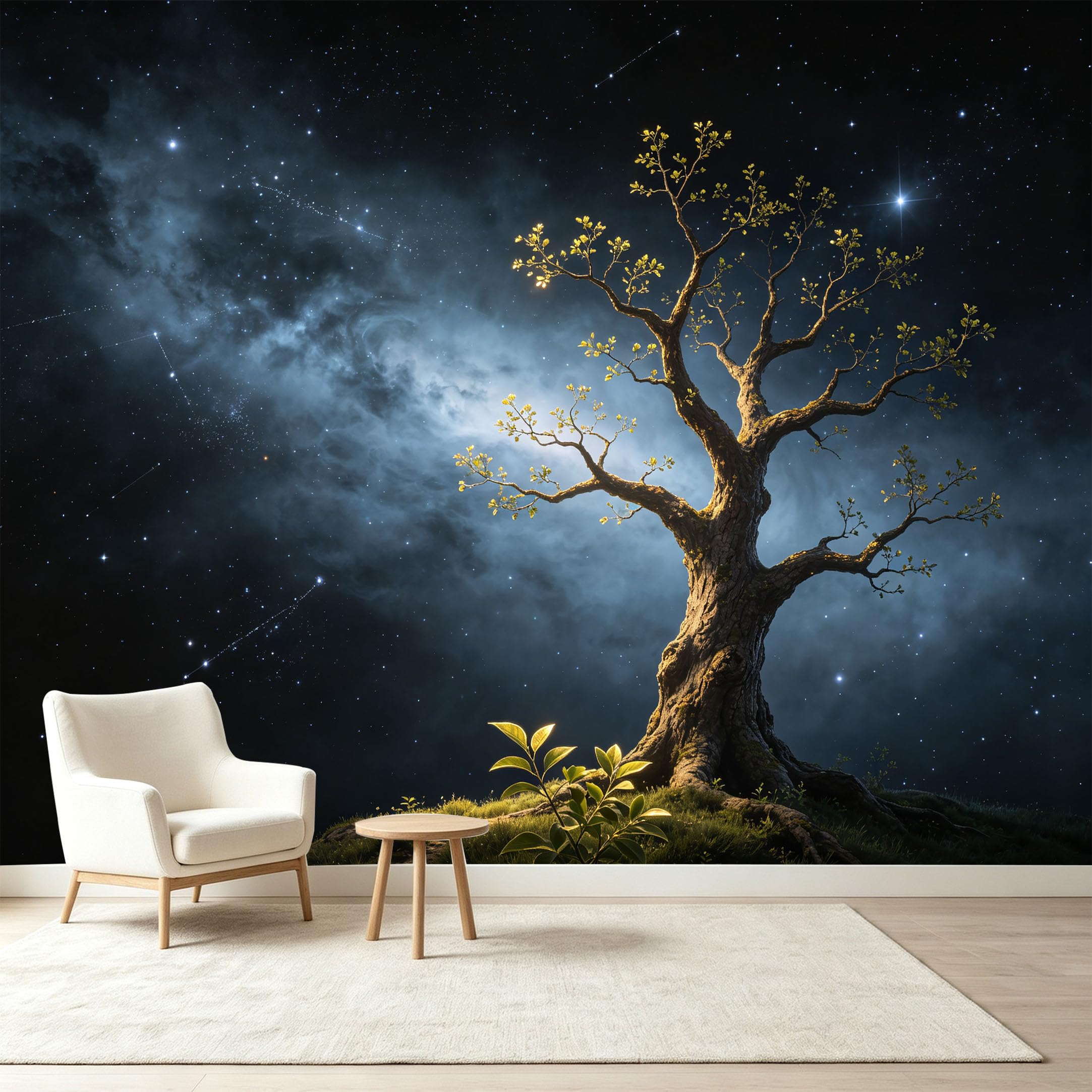 Custom Size Wall Murals Cosmic Ancient Tree Nebula Galaxy Starry Sky Self-Adhesive Wall Fabric Removable Wallpaper Wall Decor for Living Room Bedroom Bathroom