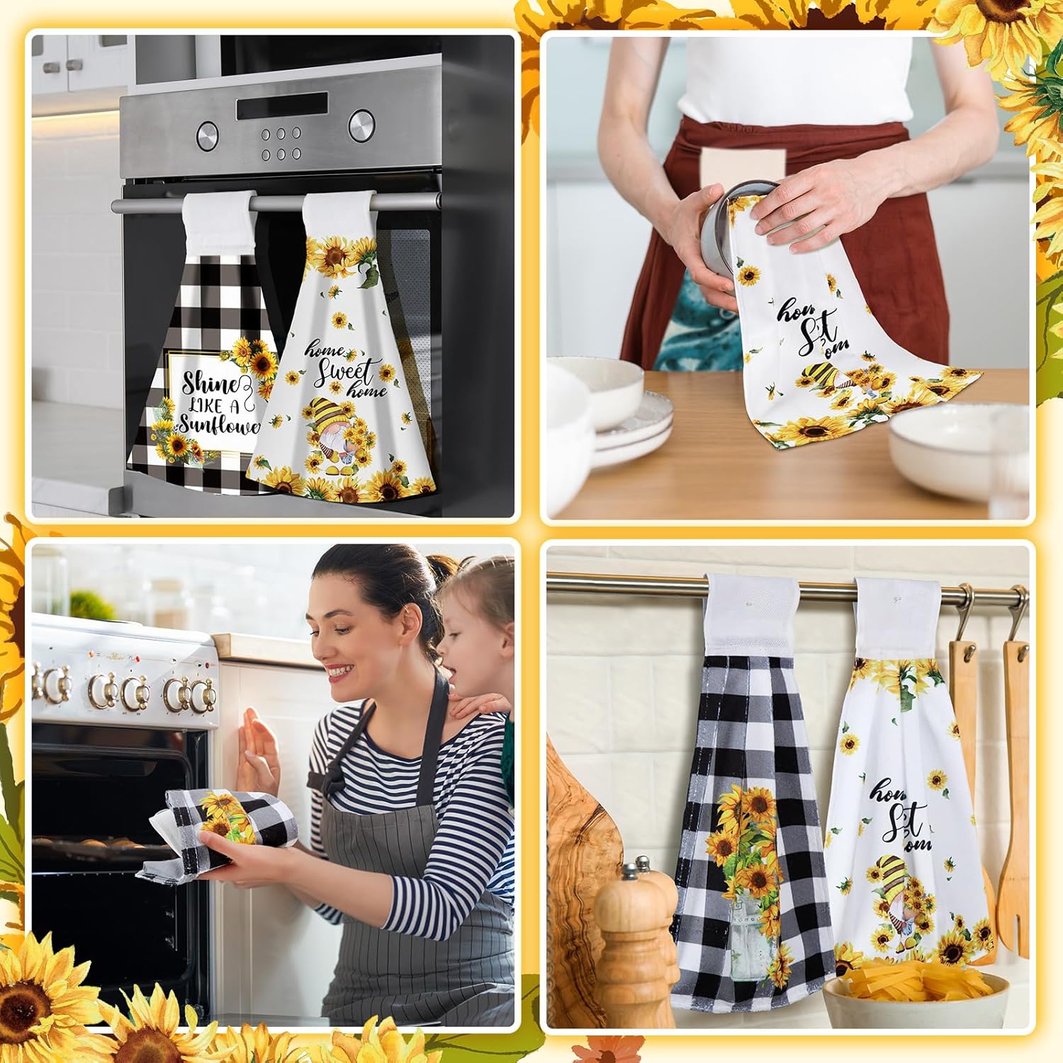 Sratte 4 Pcs Sunflower Hanging Kitchen Towels Hand Towels with Hanging Loop Summer Buffalo Plaid Gnomes Sunshine Dish Towels Bath Absorbent Oven Stove Wash Cloth for Home Decorative Housewarming Gift - Image 5