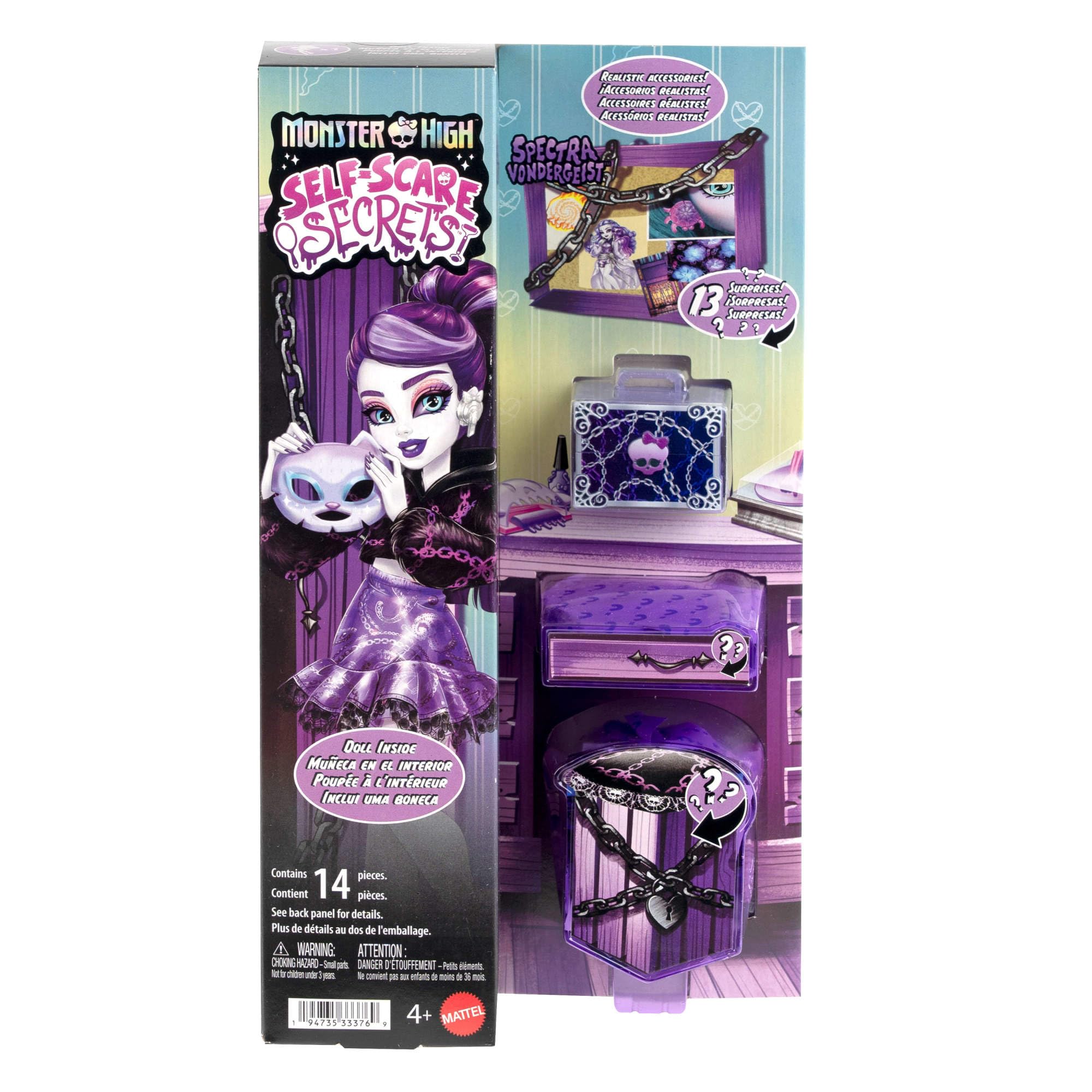 Monster High Self-Scare Secrets - Spectra Vondergeist, set con bambola e accessori tra cui 13 sorprese a tema come set per manicure e giradischi inclusi, 4+ anni, JHK46