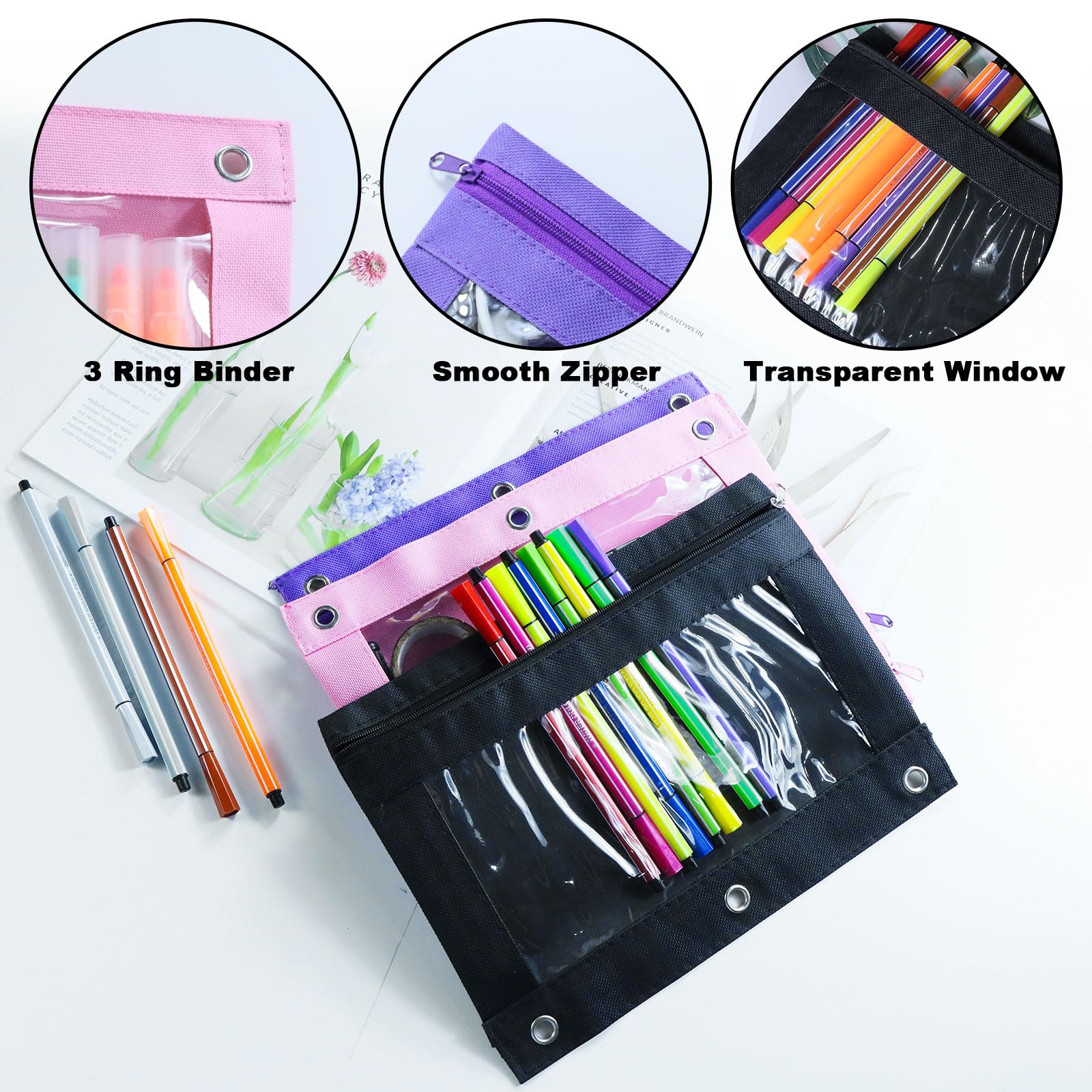 Confezione da 24 astucci per raccoglitori a 3 anelli, astuccio con cerniera liscia, astuccio trasparente per scuola, ufficio, gioielli e cosmetici, nero