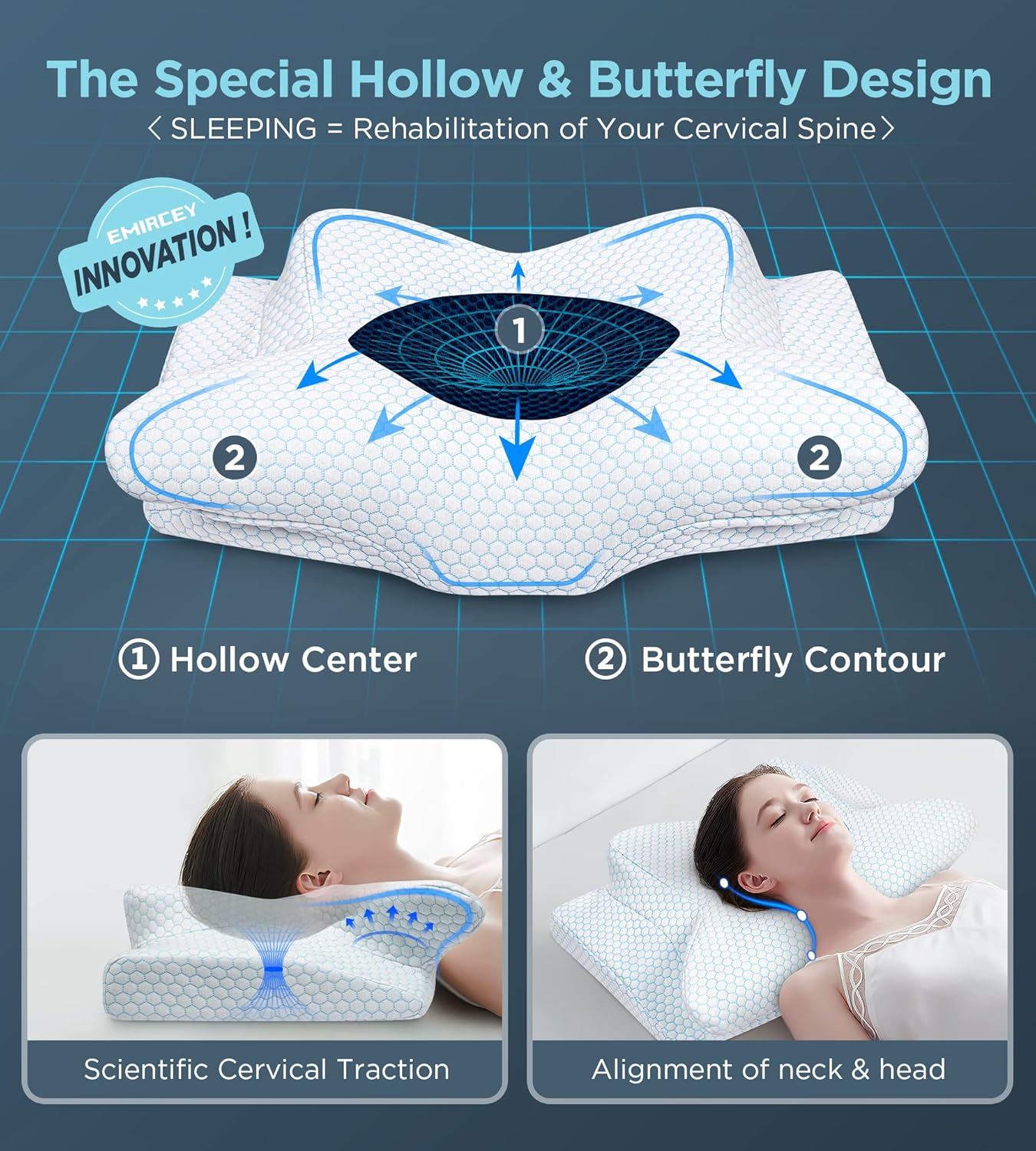 Emircey Adjustable Neck Pillows for Pain Relief Sleeping, Hollow Contour Pillow Ergonomic Plus, Odorless Cervical Memory Foam Pillows, Orthopedic Bed Pillow Support for Side Back Stomach Sleeper : Home & Kitchen