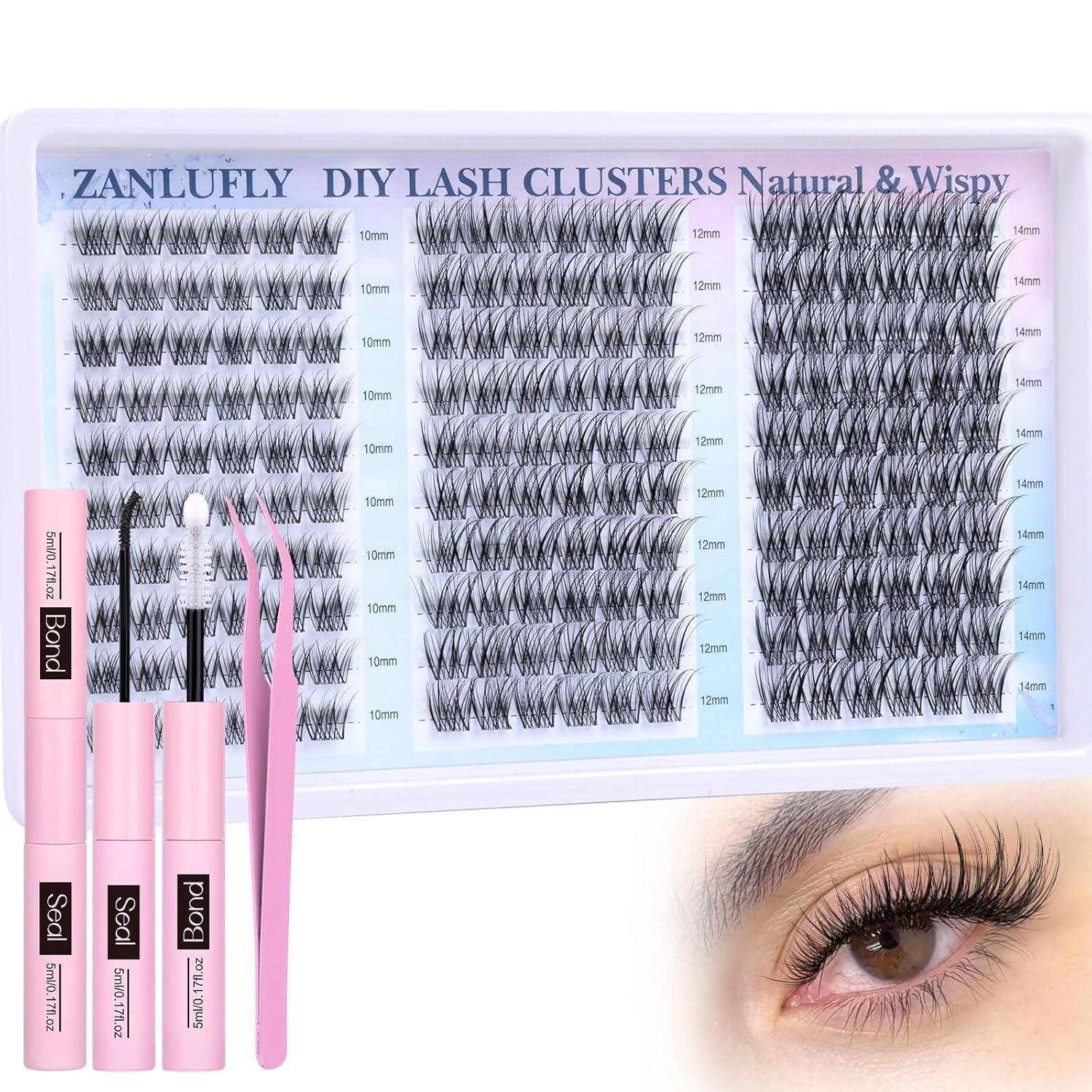 Wispy Lash Clusters Kit Natural Lash Extension Kit DIY Eyelash Extension Kit 10-14MM Individual Lashes Thin Band Eyelash Clusters with Lash Cluster Glue and Tweezers by zanlufly A-Natural CC Curl Kit