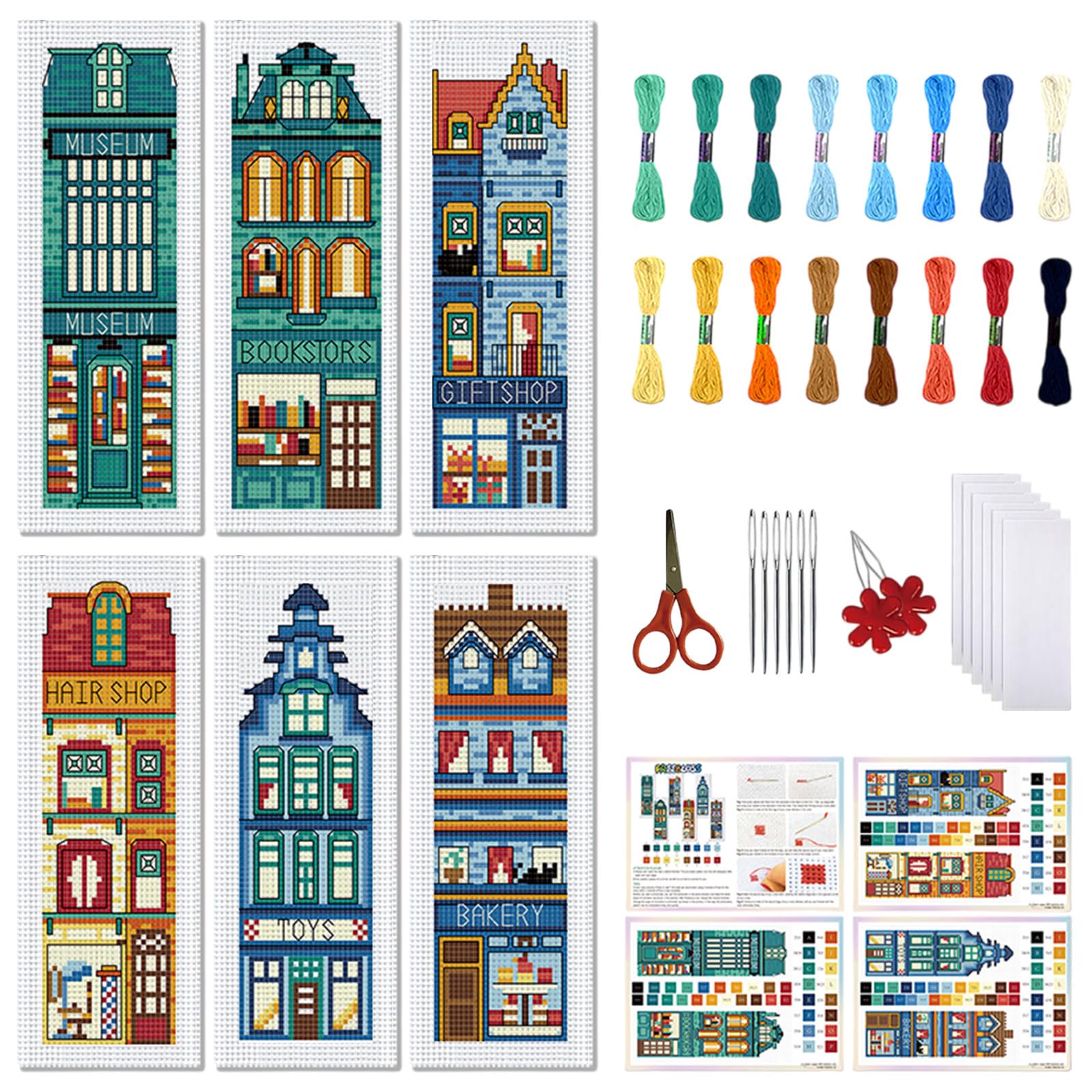 FREEBLOSS 6 Set Cross Stitch Bookmark Kit Stamped Cross Stitch Kit Street View Pattern Embroidery Set with Instruction for Adults 22x6cm/8x2.4''