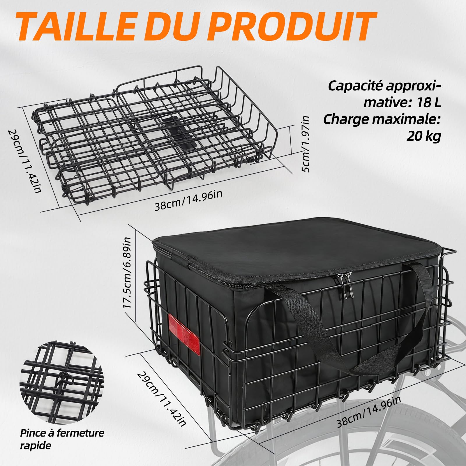 Panier de vélo. Panier de vélo unisexe, montage arrière, amovible, grande capacité, adapté pour vélos électriques, VTT, vélos de ville et vélos de loisir. (Montage sur roue arrière, pliable)