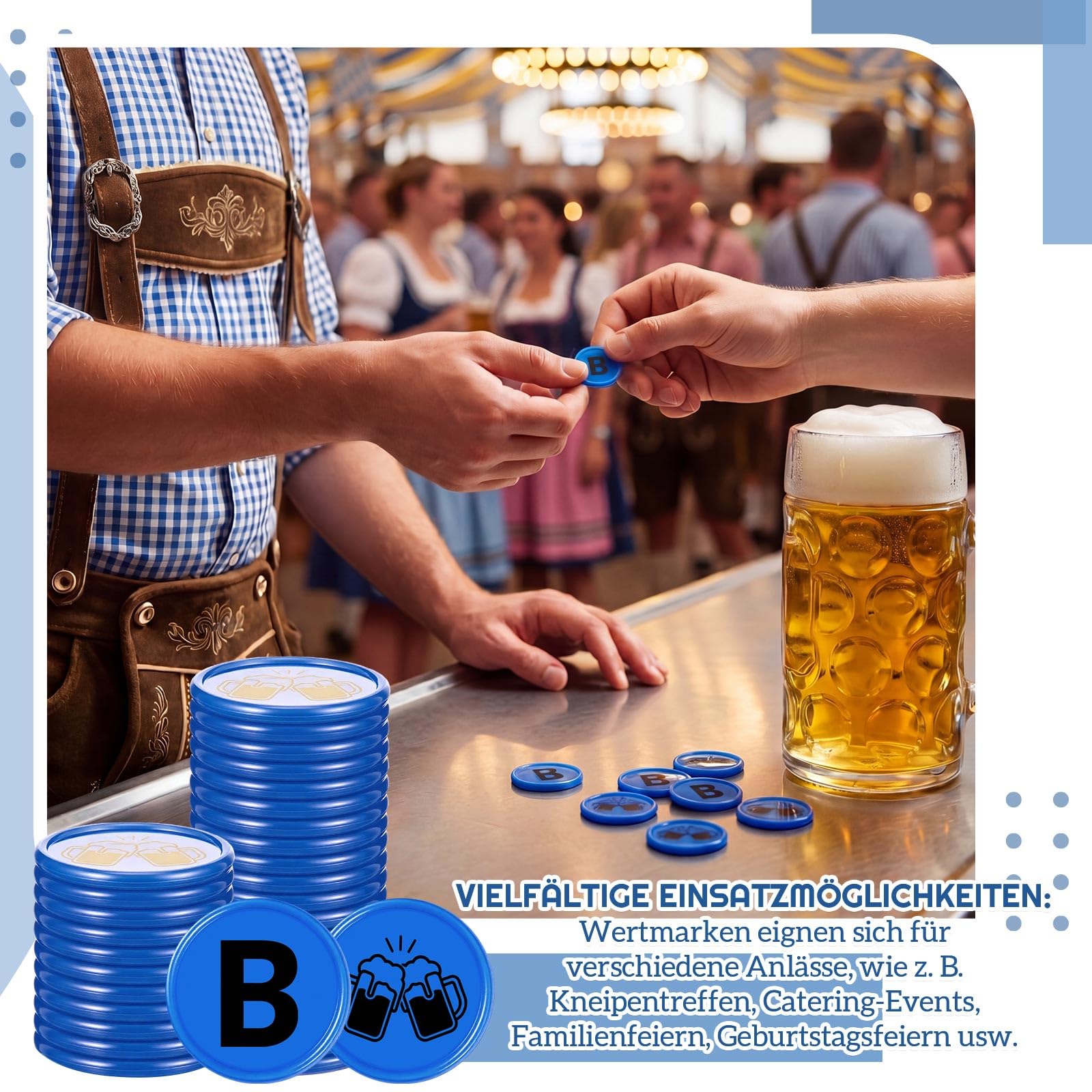 Nezyo 200 Pezzi Gettoni Birra Blu B Chip per Buoni Ø 24 mm in Plastica Riutilizzabile Ideali per Festival della Birra, Ristoranti, Mense, Feste, Eventi in Discoteca e Festival