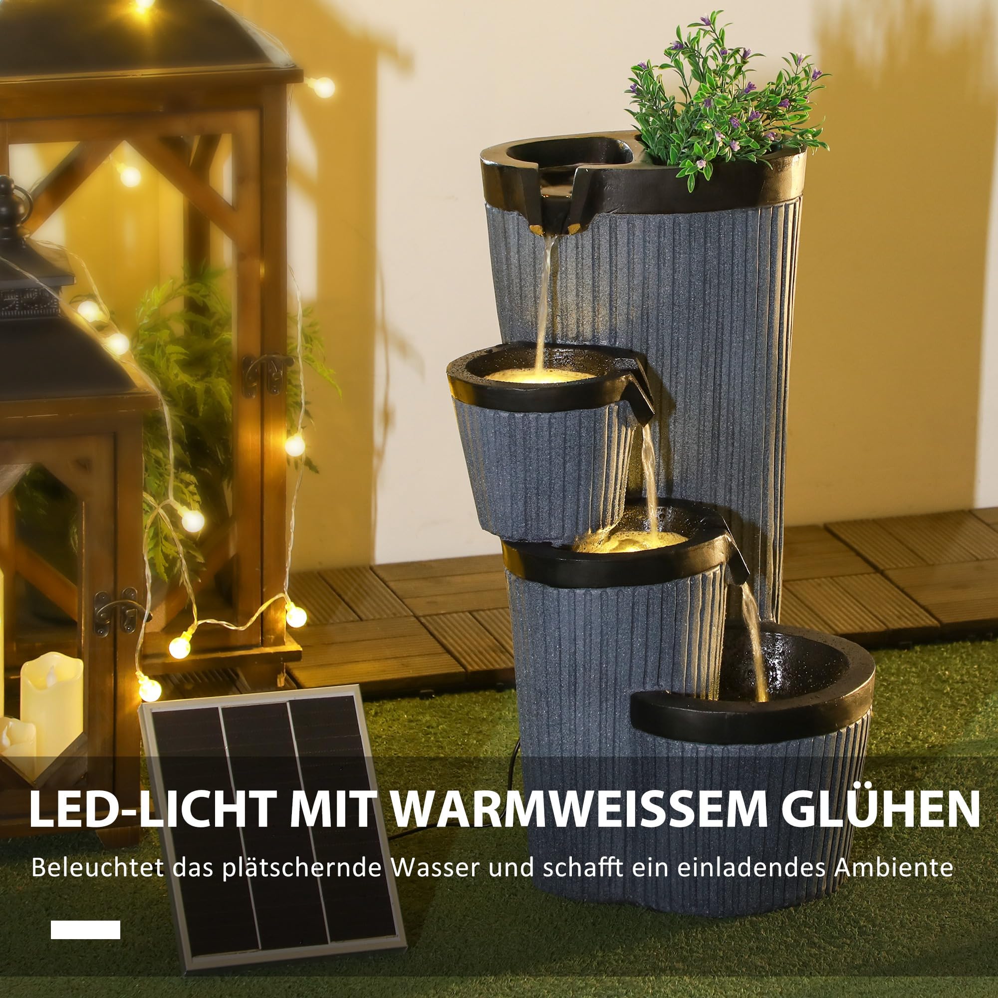 Outsunny Gartenbrunnen, Solar Springbrunnen, Wasserbrunnen mit LED-Beleuchtung, 4 stufiger Zierbrunnen mit Blumenkasten für Garten, Balkon, Kunstharz, 33 x 30 x 57,5 cm