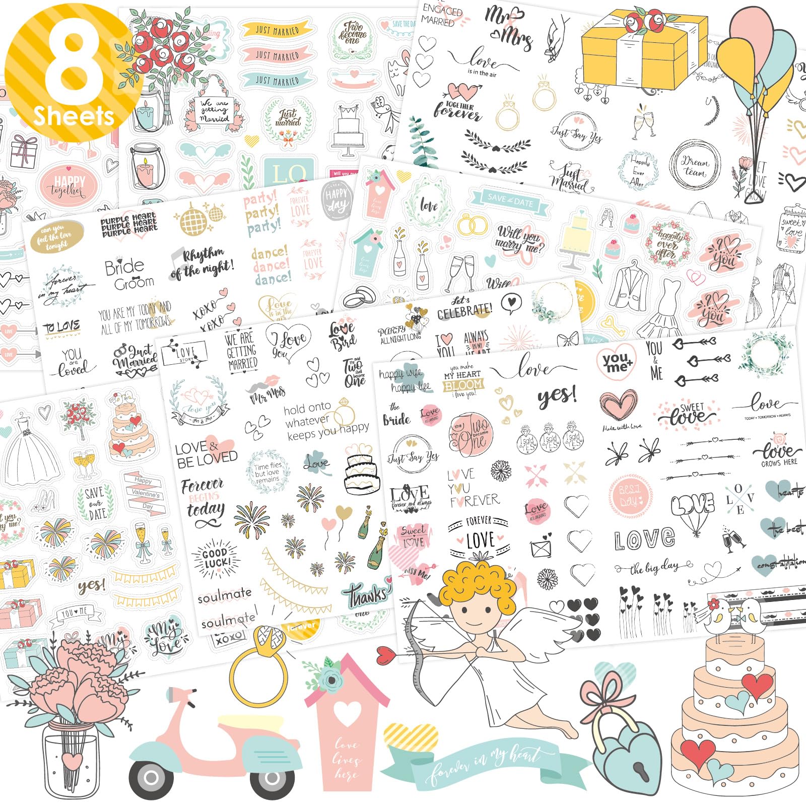 Pegatinas para Recuerdos de Boda 8 Hojas, Hianjoo Cinta Autoadhesiva Calcomanías Impermeables para Albumes de Recortes, Diarios, Cartas, Tarjetas, Regalos de Fiesta DIY