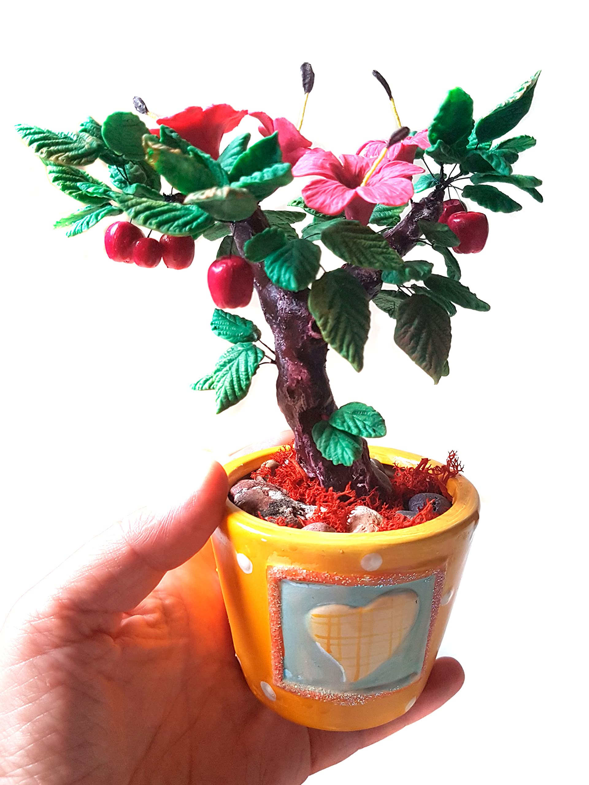 Bonsai de Porcelana Rusa Miniatura Arbol artificial Hibiscus y manzanas regalo y decoración hecho a mano
