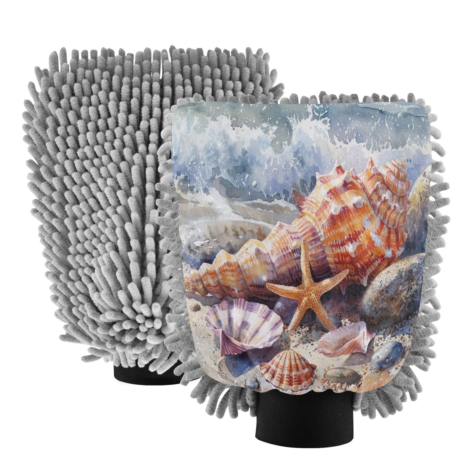 Kigai Beach Shells Car Wash Mitt Microfiber, 2Pcs Scratch Free Lint-Free, Premium Chenille Microfiber Mitt Car Wash Brush-L