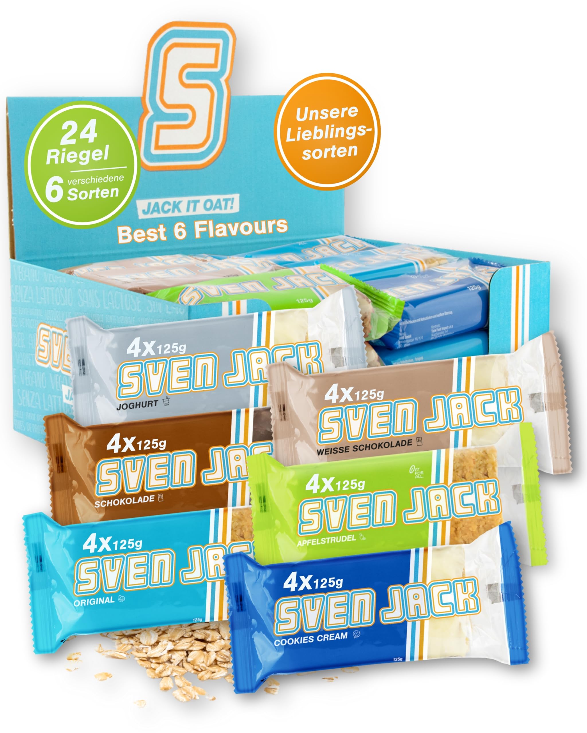 Sven Jack (Energy Cake) BEST OF Haferriegel Mix Box 24x 125g I Original Haferflocken Energieriegel I Vegane Haferriegel I Langkettige Kohlenhydrate & wenig Zucker I Fitness Riegel I Müsliriegel