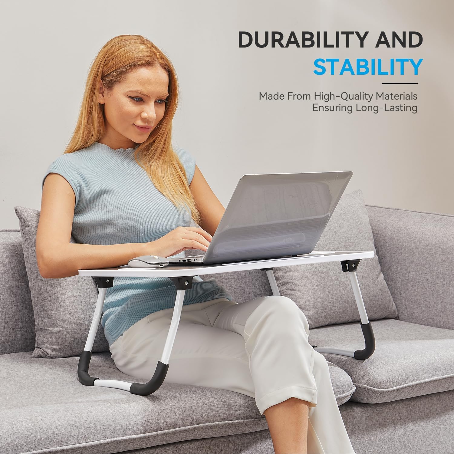 BUYIFY Foldable Lap Desk for Laptop & Writing - 23 inch Bed Tray Table with Cup Holder & Tablet Slot - Portable Notebook Stand for Eating, Sofa, Couch & WFH Students (Black)