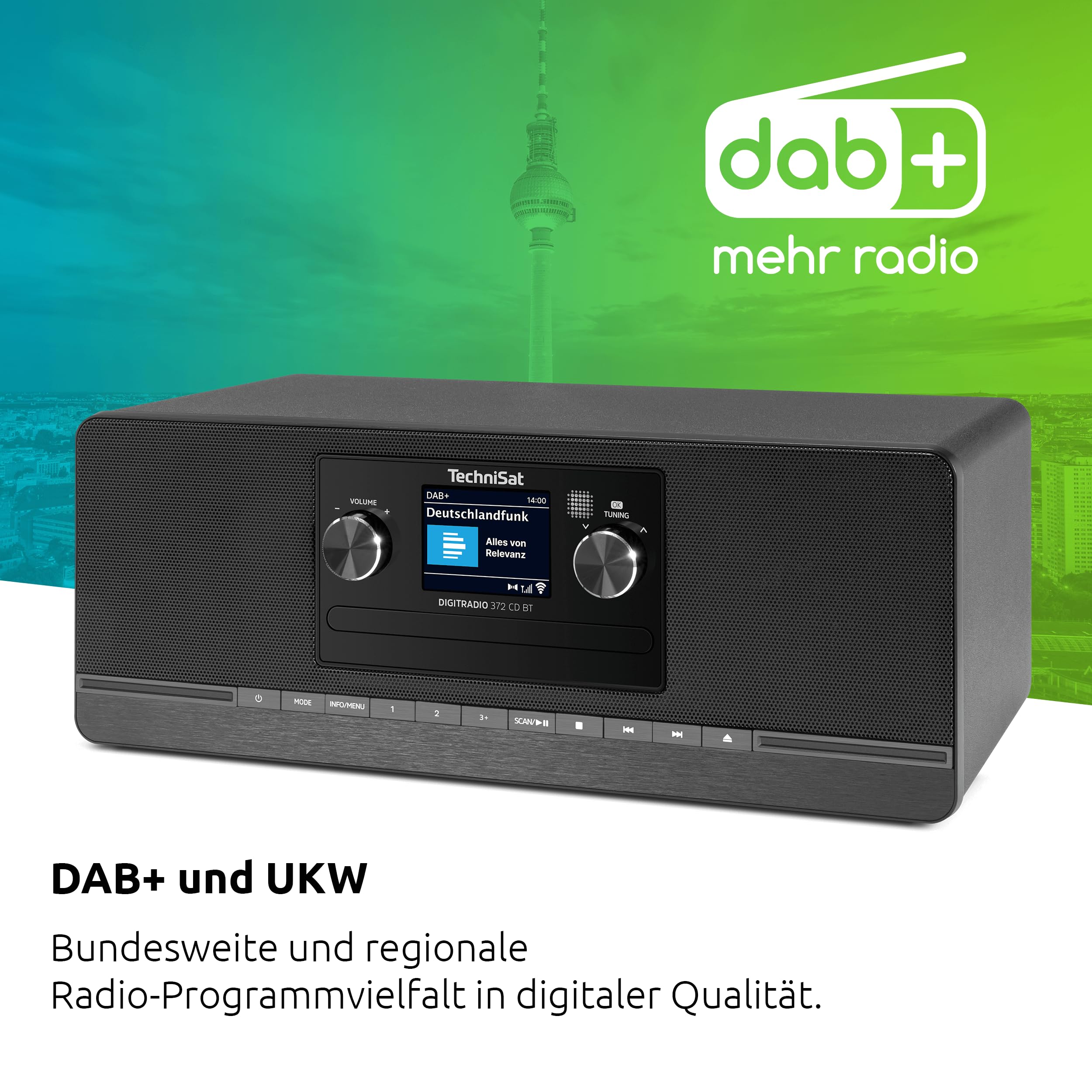 TechniSat DIGITRADIO 372 CD BT - Stereo Digitalradio, Kompaktanlage mit DAB+, UKW, CD-Player, Bluetooth, Farbdisplay, USB, AUX, Kopfhöreranschluss, Wecker, 10 Watt, Fernbedienung - Schwarz