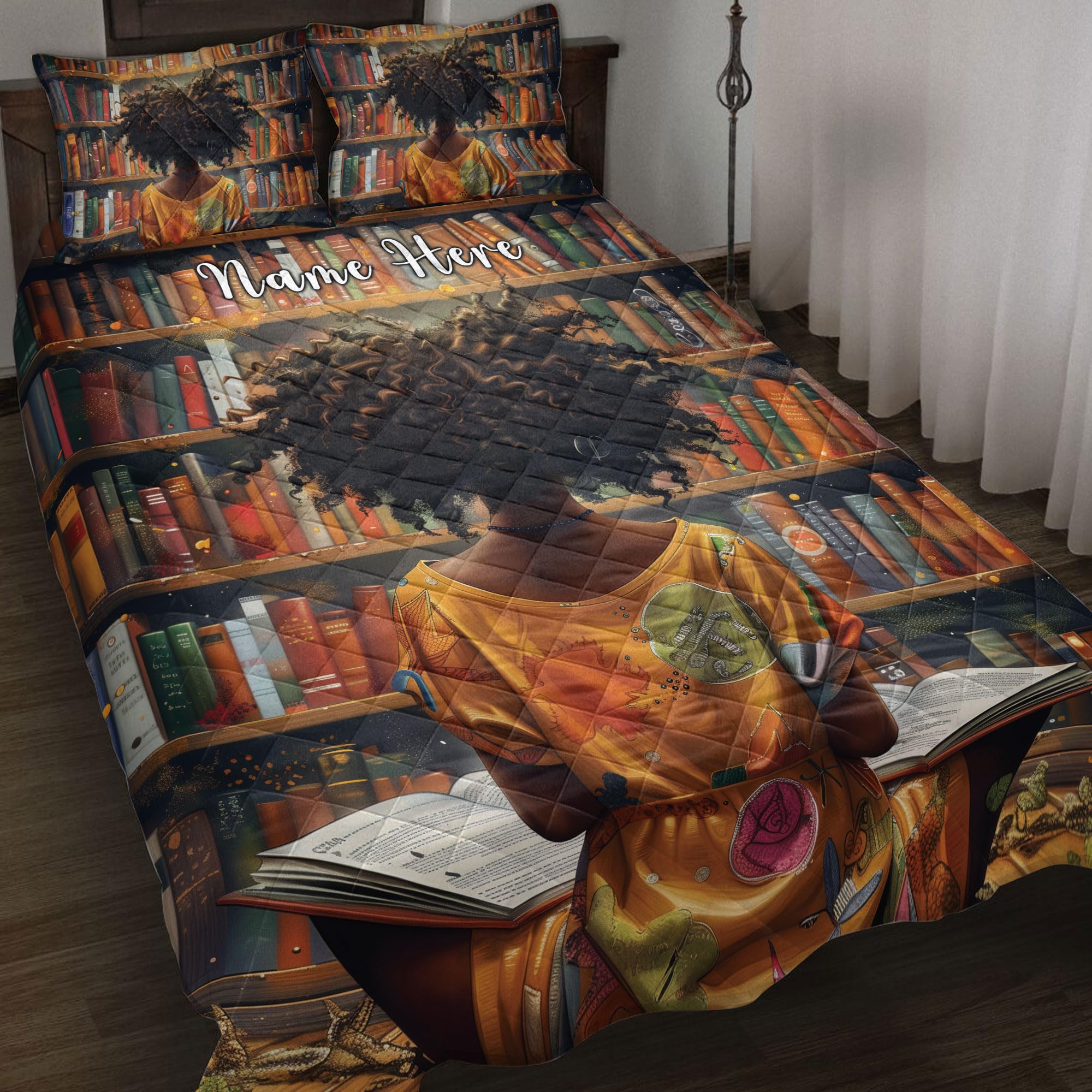 OhaPrints Personalized Black Teen Girl Quilt Bed Set, African American Reading Book Melanin Quilt Blanket & Pillowcases, King Queen Double Twin Throw Bedspread Bedding Pillow Cover Gift Afro Daughter