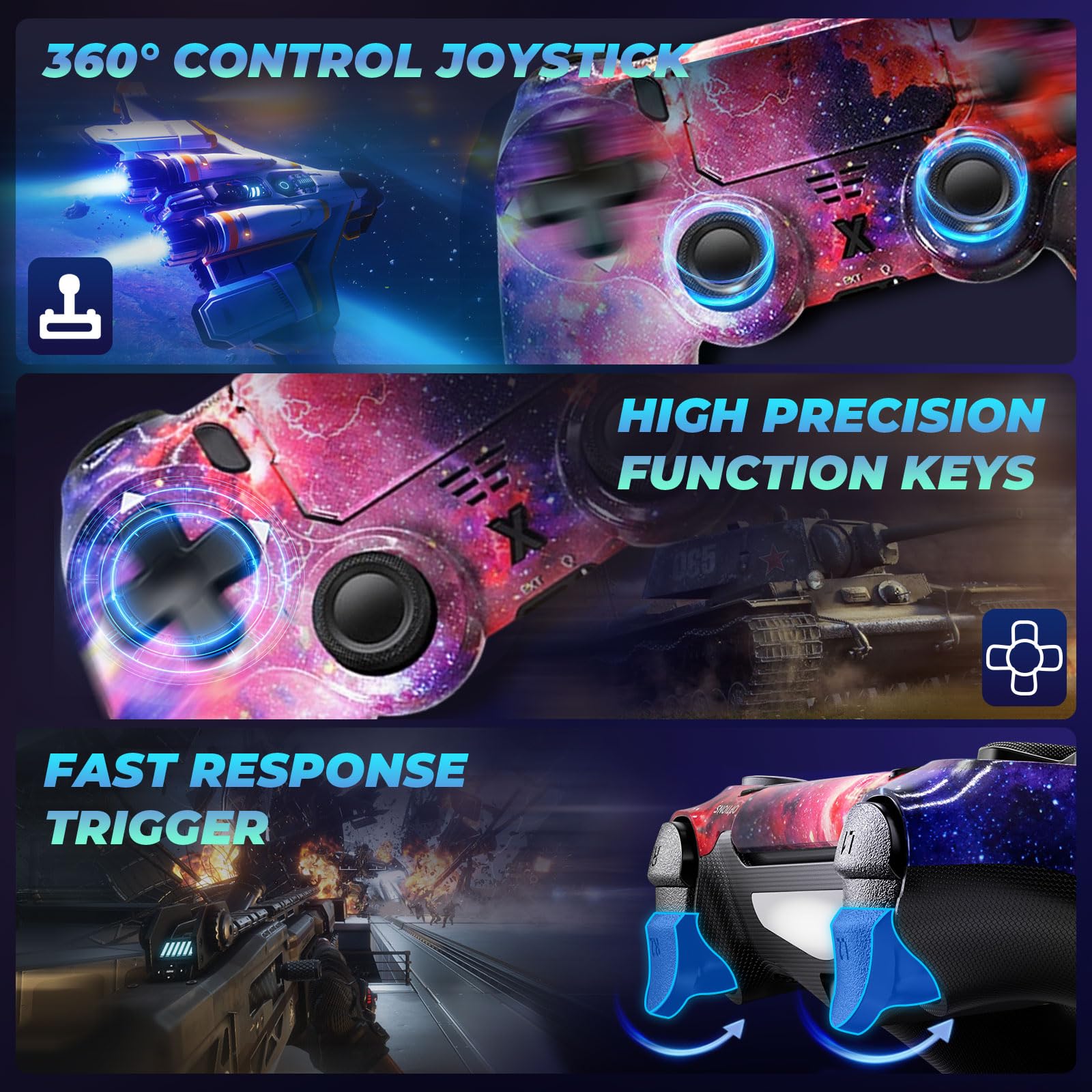 Hycago Manette pour PS-4, Manette sans Fil Controller compatible avec PS-4/Pro/Slim/PC, Batterie Rechargeable 1000mAh/Prise Audio 3,5 mm/Panneau Tactile/axe à six ans/Vibration - 3