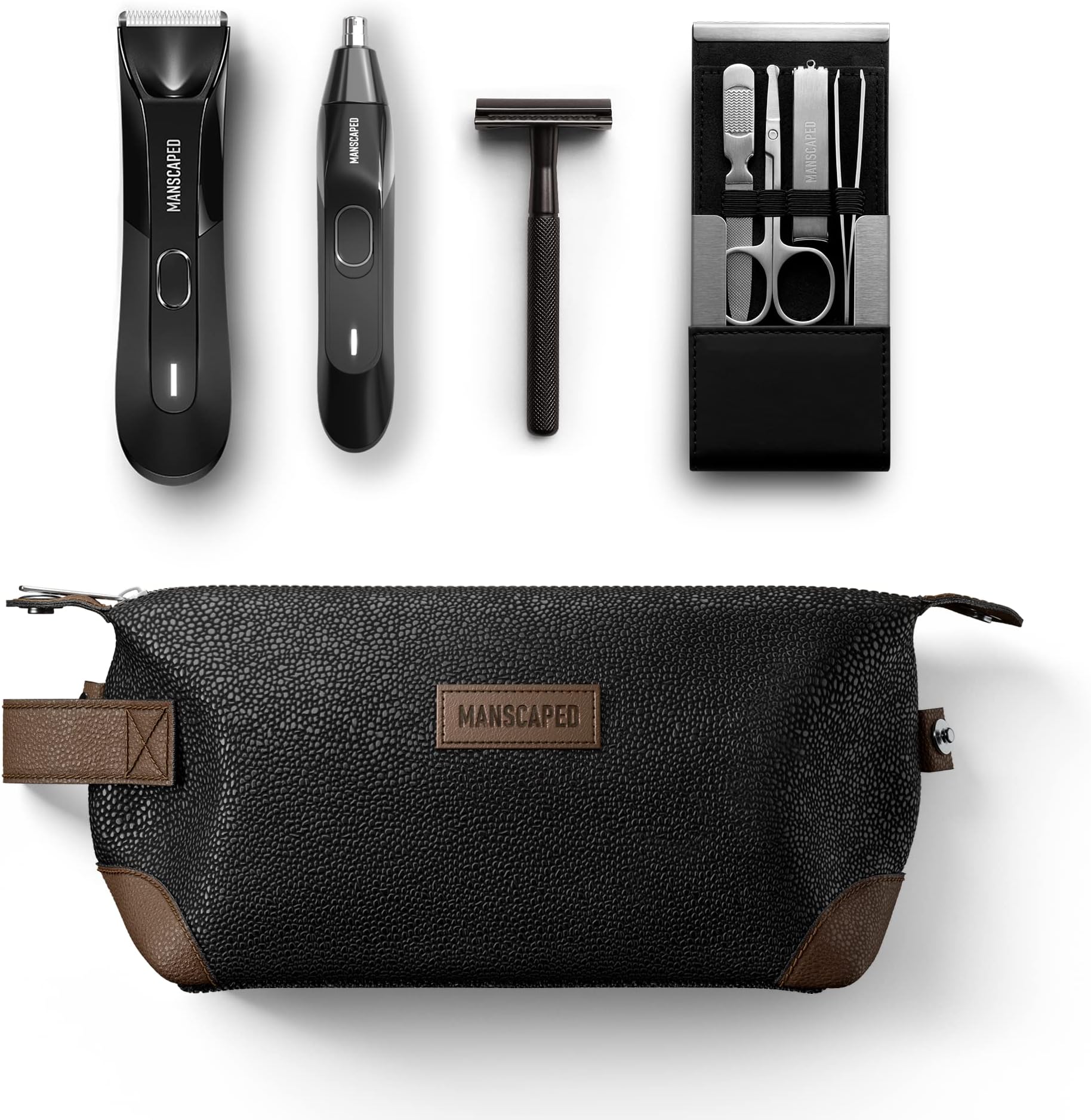MANSCAPED® The Tool Box 4.0 Contains: The Lawn Mower® 4.0 Electric Trimmer, The Weed Whacker® 2.0 Nose & Ear Hair Trimmer, The Plow® 2.0, The Shears Four Piece Luxury Nail Kit, The Shed Toiletry Bag