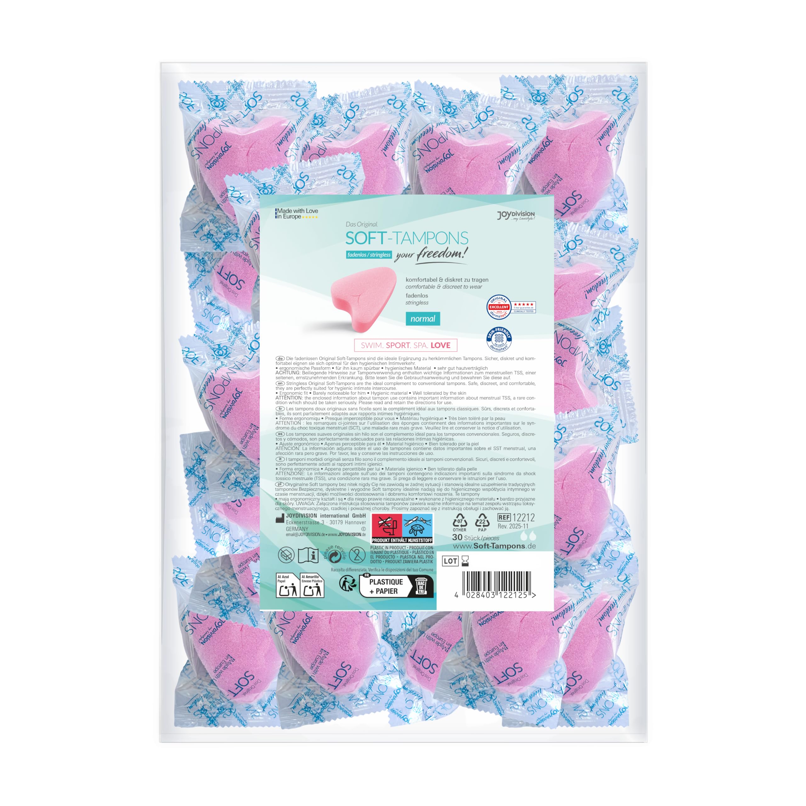 JOYDIVISION Soft Tampons NORMAL 30 unidades - Tampones ergonómicos sin cordón para deporte, uso diario e intimidad - Material respetuoso con la piel, ajuste universal para una aplicación discreta