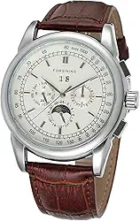 Relógio Masculino Fantástico Automático de Luxo Marrom Pulseira de Couro Genuíno Analógico Fase da Lua, Marrom, Moderno