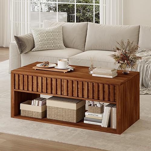 Wood Coffee Table with Storage, 47.2" Brown Coffee Table with 2 Fluted Drawers and Open Storage Space, Mid Century Center Table for Living Room