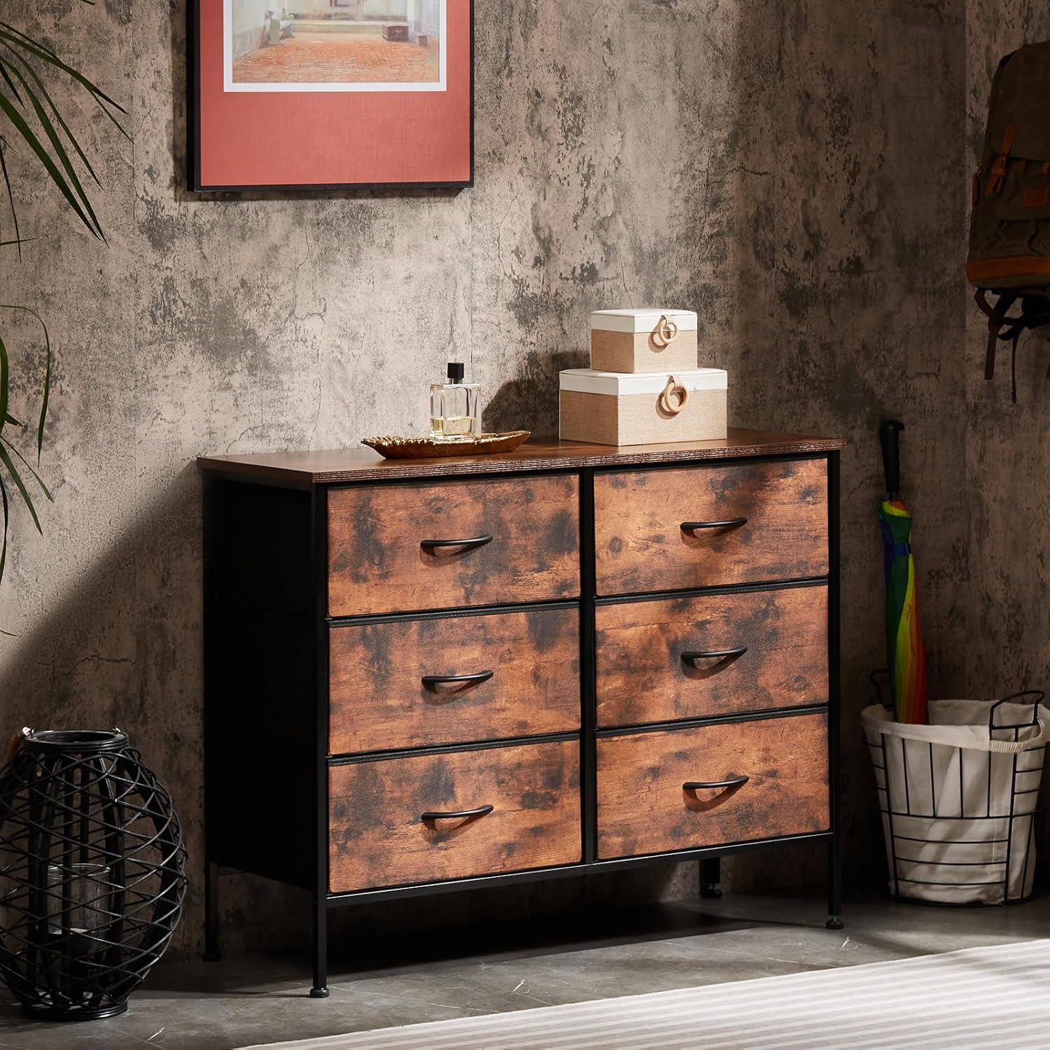 Sweetcrispy Dresser for Bedroom, TV Stand, 6-Drawer Fabric Storage Cabinet with Open Shelves, Console Table, Entertainment Center and Closet Organizers for Living Room Furniture, Brown