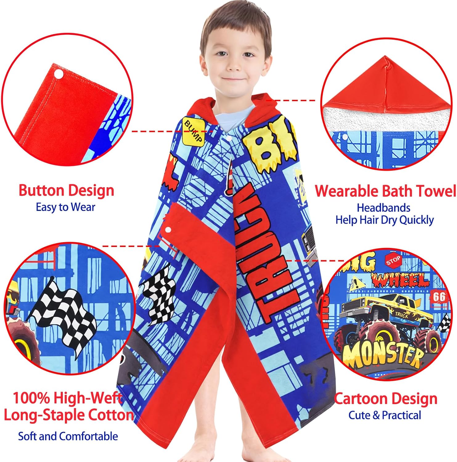 Hooded Beach Towels for Kids - Ultra Soft 100% Cotton Big Truck Toddler Hood Bath Towels/Pool Terry Towel Beach Poncho Wrap Absorbent Cute Bath & Swim Wrap Gift for Boys & Girls 3-10 Years - Blue - Image 2