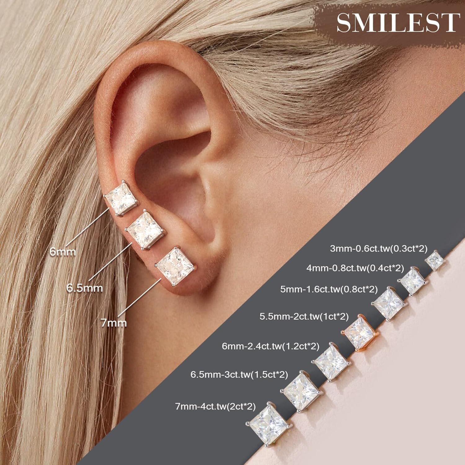 SMILEST 0.6-4ct Princess Cut Moissanite Earrings, Lab Created Earring 925 Sterling Silver Moissanite Screw Back Earrings Studs for Women Men Valentines Day Gifts Jewelry Gifts - Image 3