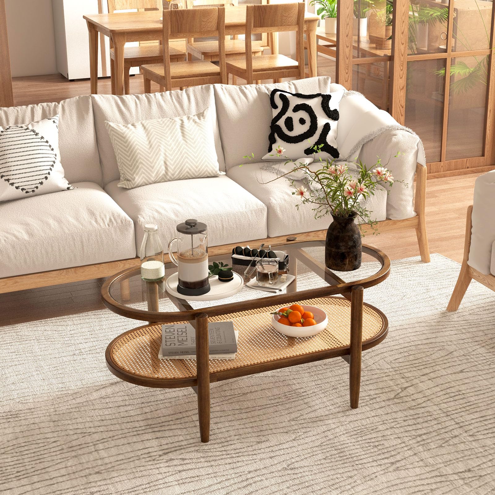 LIFEZEAL Tavolino Salotto, in Legno Massello e Vetro, Tavolino da Caffè, da Soggiorno, Moderno, Basso, Ovale, a 2 Ripiani, con Decorazione in Rattan, Max 90 kg, 102x46x47 cm, Marrone Rustico