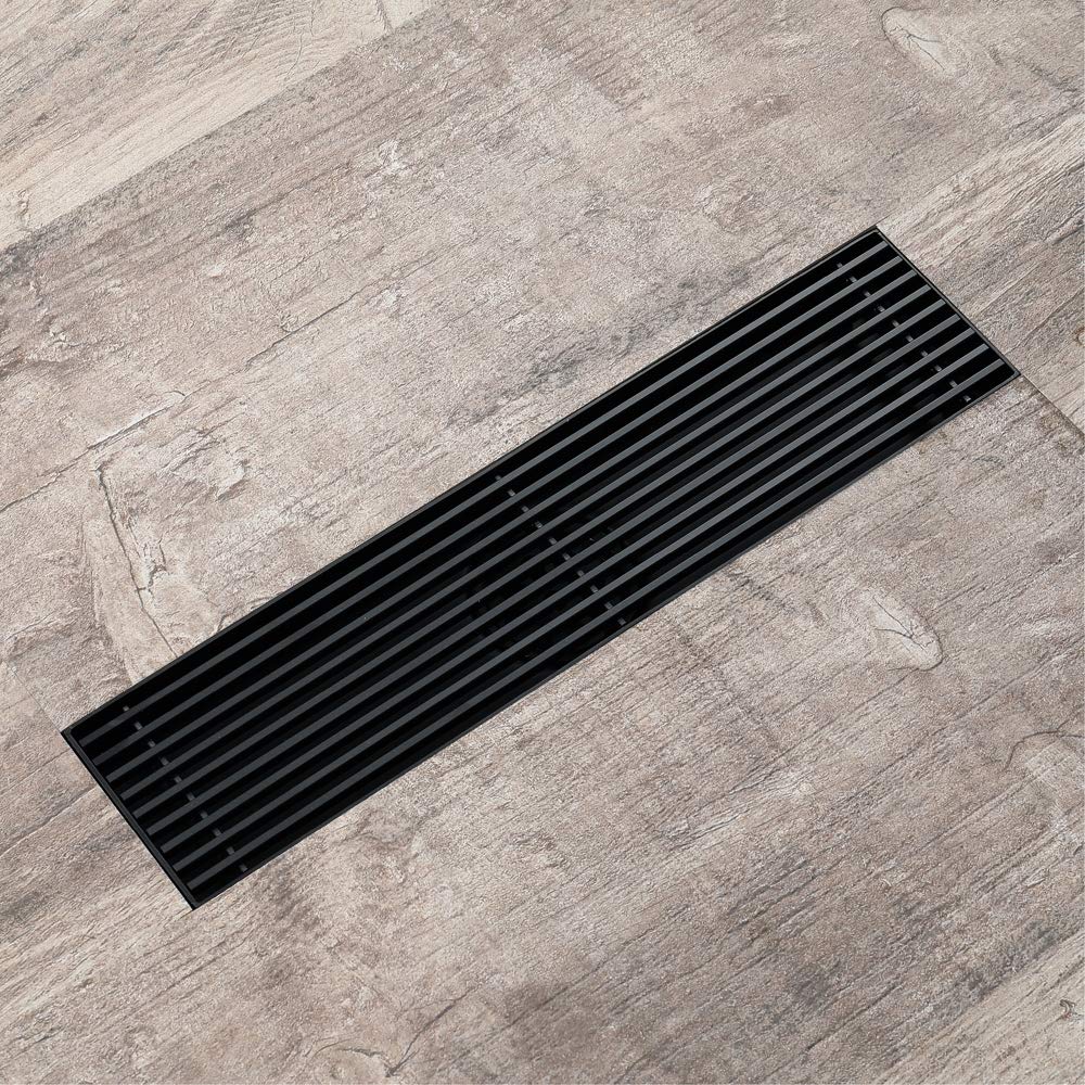 Desagüe Ducha 304 Acero Inoxidable Rectangular Canaleta de Drenaje de Suelo Desodorante Gran Desplazamiento Negro Drenaje de Ducha para Patio, Baño y Cocina, 30×7 cm