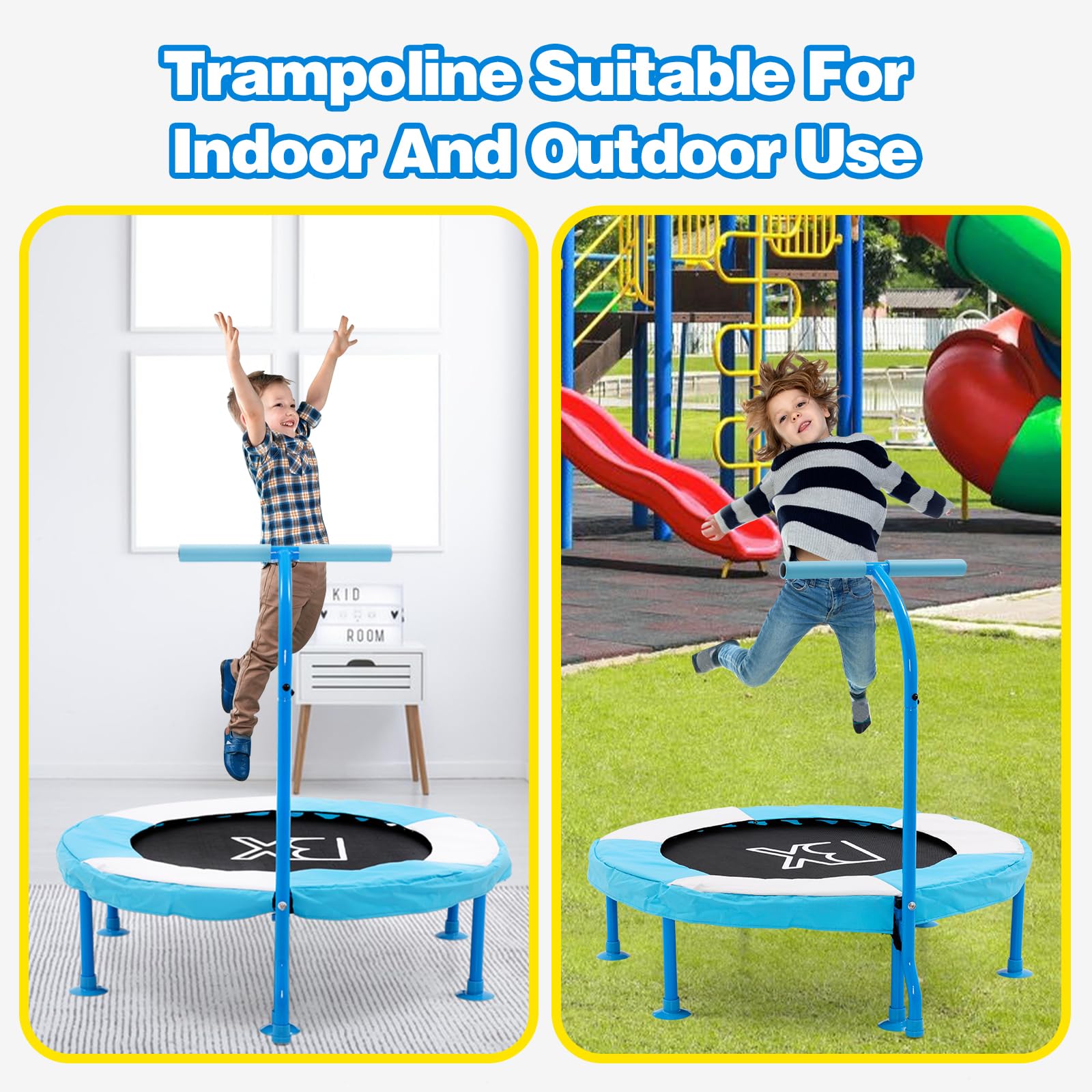 Trampolino mini per bambini 90 cm con luci da interno ed esterno, Trampolino fitness con maniglia per bambini 3+ anni 2 Colori
