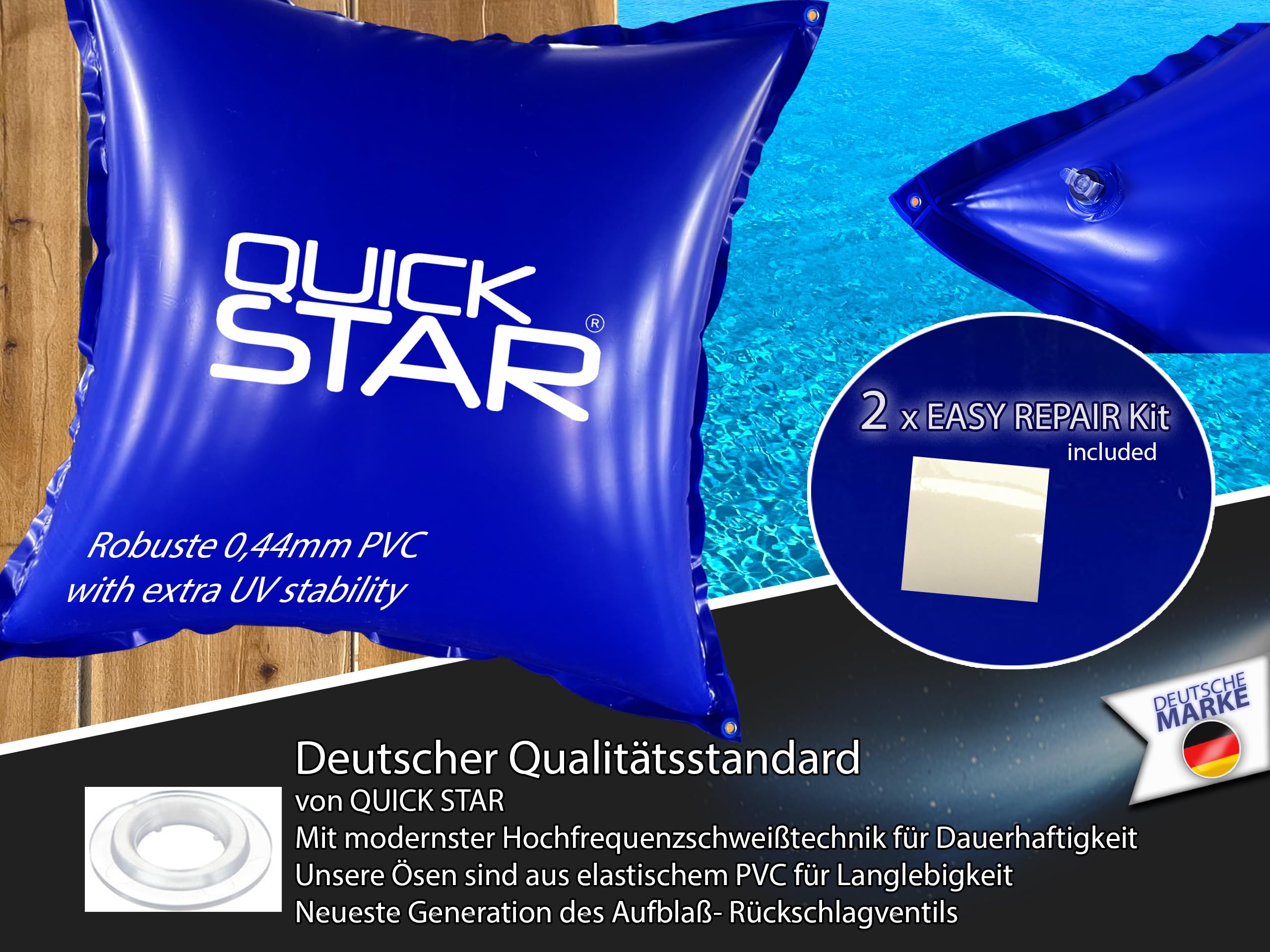 QUICK STAR Cojín de piscina de 200 x 400 cm, color azul, cojín de aire para piscina de invierno, 4 cuerdas y kit de reparación, cojín de invierno