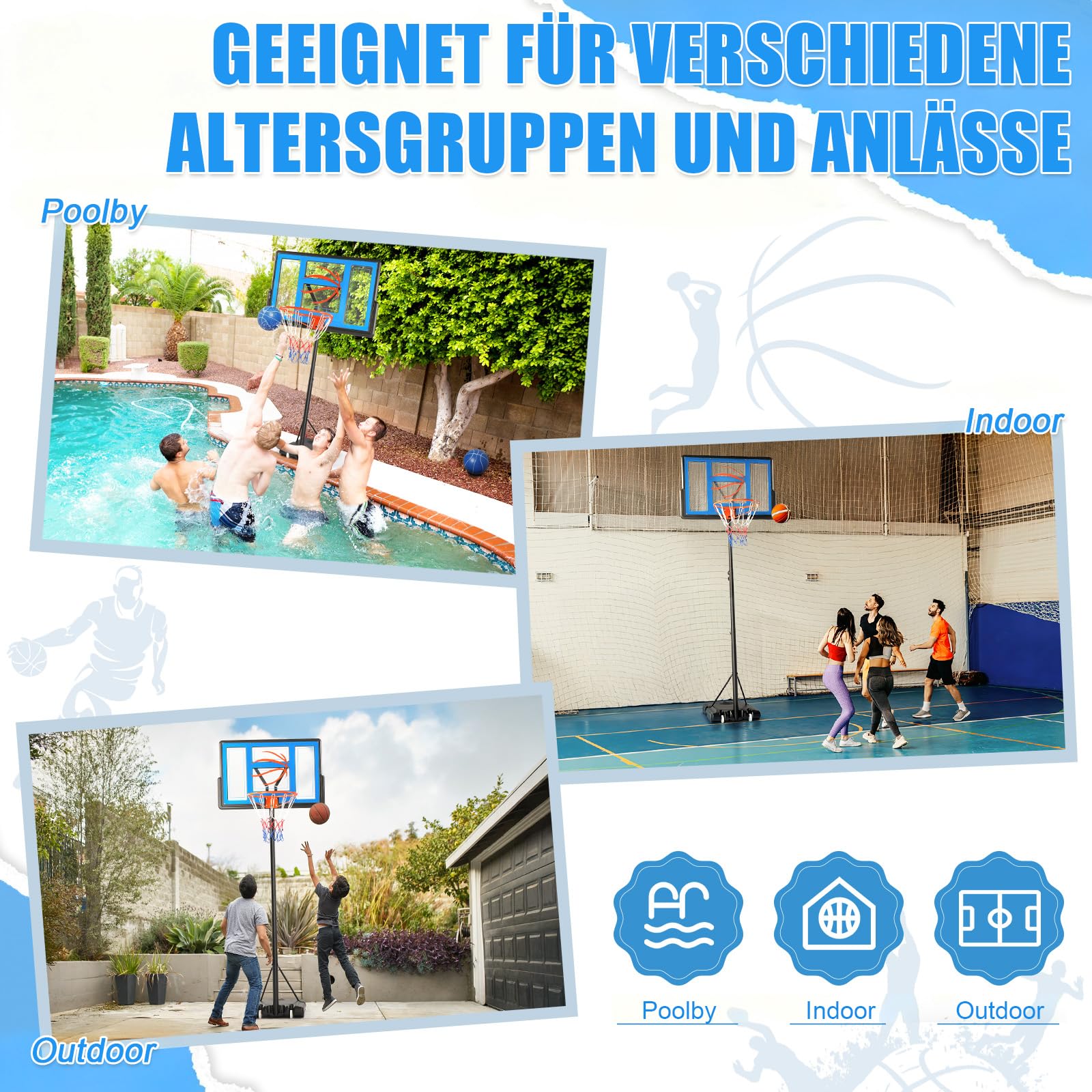 LEADZM Canestro da basket per esterni con supporto e ruote, 2 reti, per adulti e bambini, regolabile in altezza, per giardino e cortile, altezza 135-305 cm