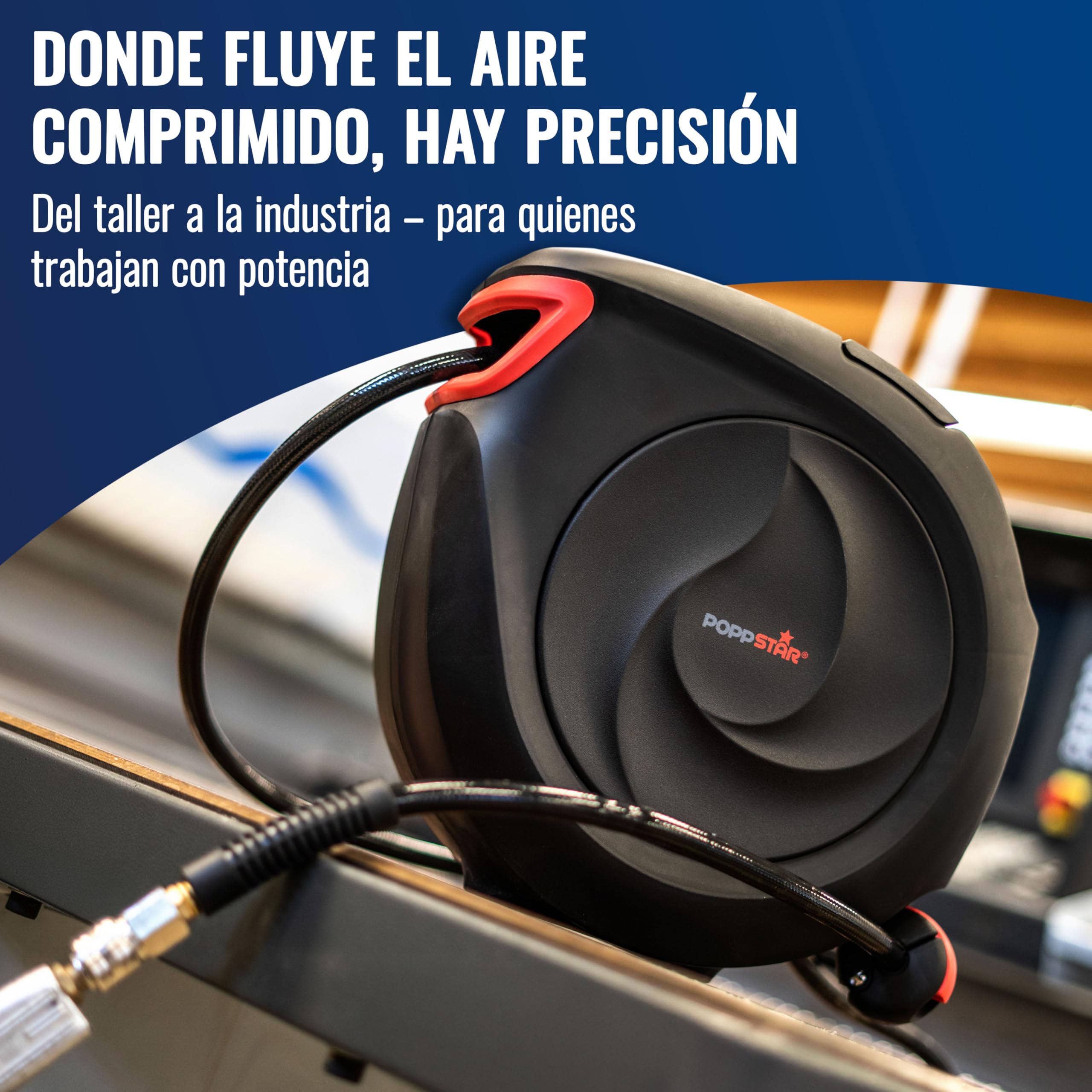 Poppstar Enrollador de manguera de aire comprimido (manguera: 15m + 1m, diámetro interno de 3/8" (9,5x15mm), 1/4" BSPT), mecanismo de enrollado para manguera de aire comprimido