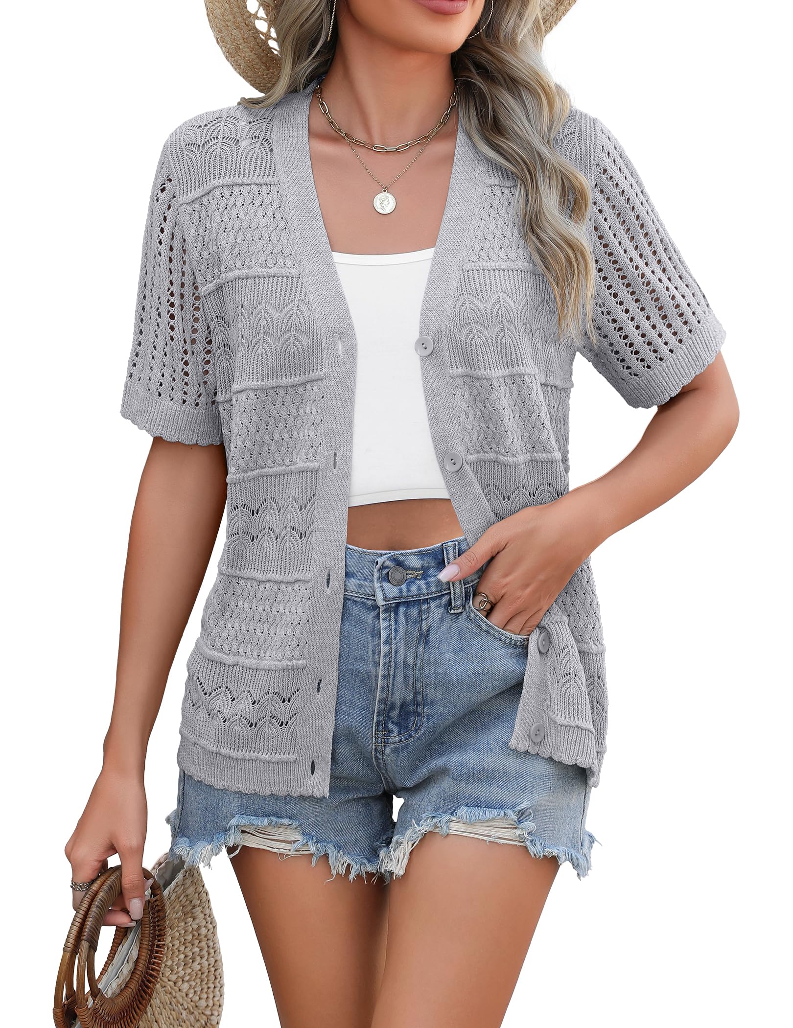 Zeagoo Women's 2026 Summer Short Sleeve Crochet Cardigan V Neck Cropped Lightweight Button up Bolero Shrug Sweater