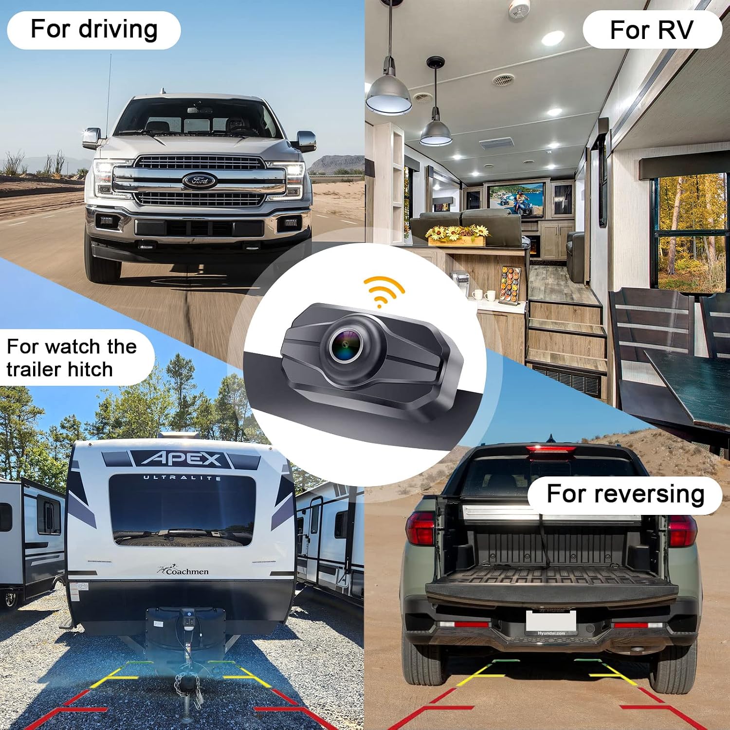 Four images showing different uses: driving, RV, watching trailer hitch, and reversing