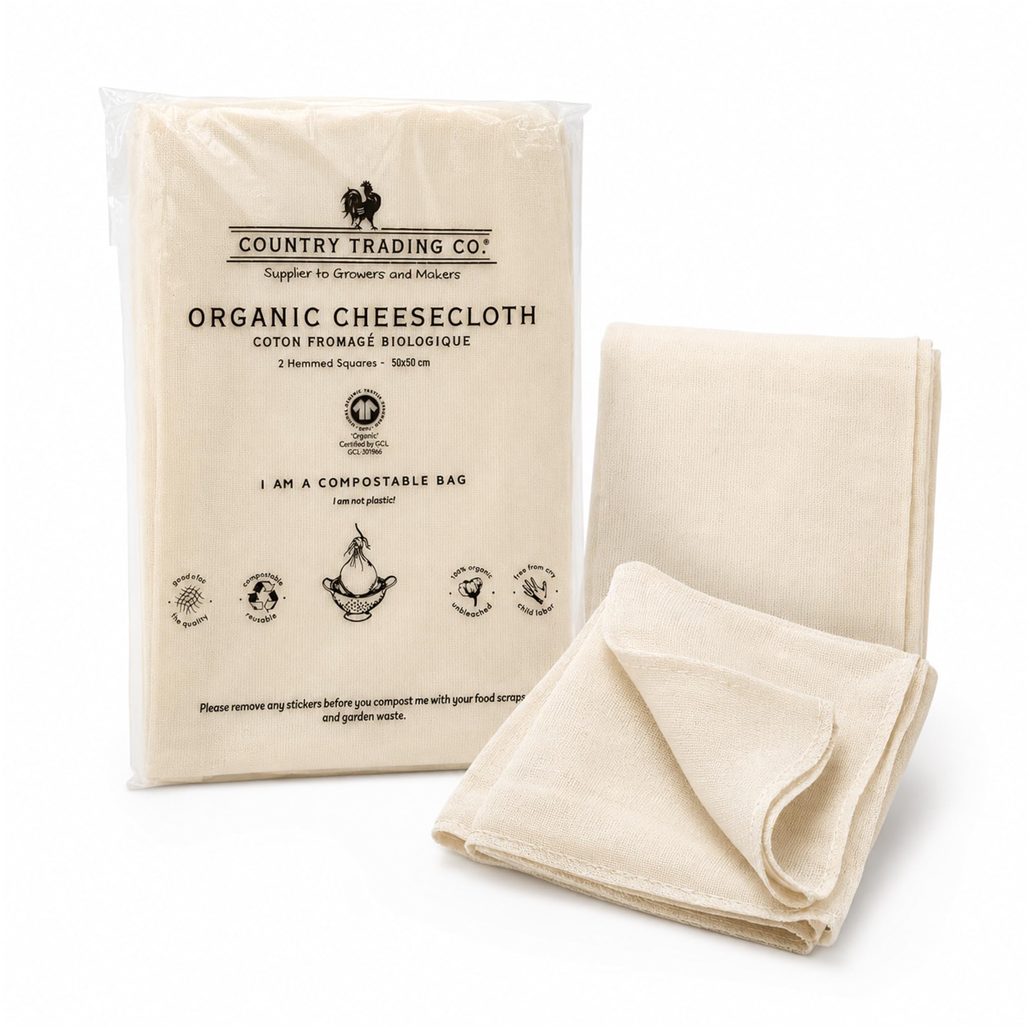 Country Trading Co. Organic Cheesecloth, Grade 120 Extra-Fine Weave, 2 Hemmed Squares, GOTS Certified Unbleached Cotton, Reusable Straining Cloth for Cheese, Nut Milk, Yogurt &amp; Kombucha