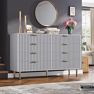 8 Drawer Dresser for Bedroom, Fluted 55" Wide Modern Chest of Drawers with Deep Drawers, Long Large Double Dresser TV Stand, Wooden Dresser Organizer for Living Room, Hallway, Kids Room, Grey