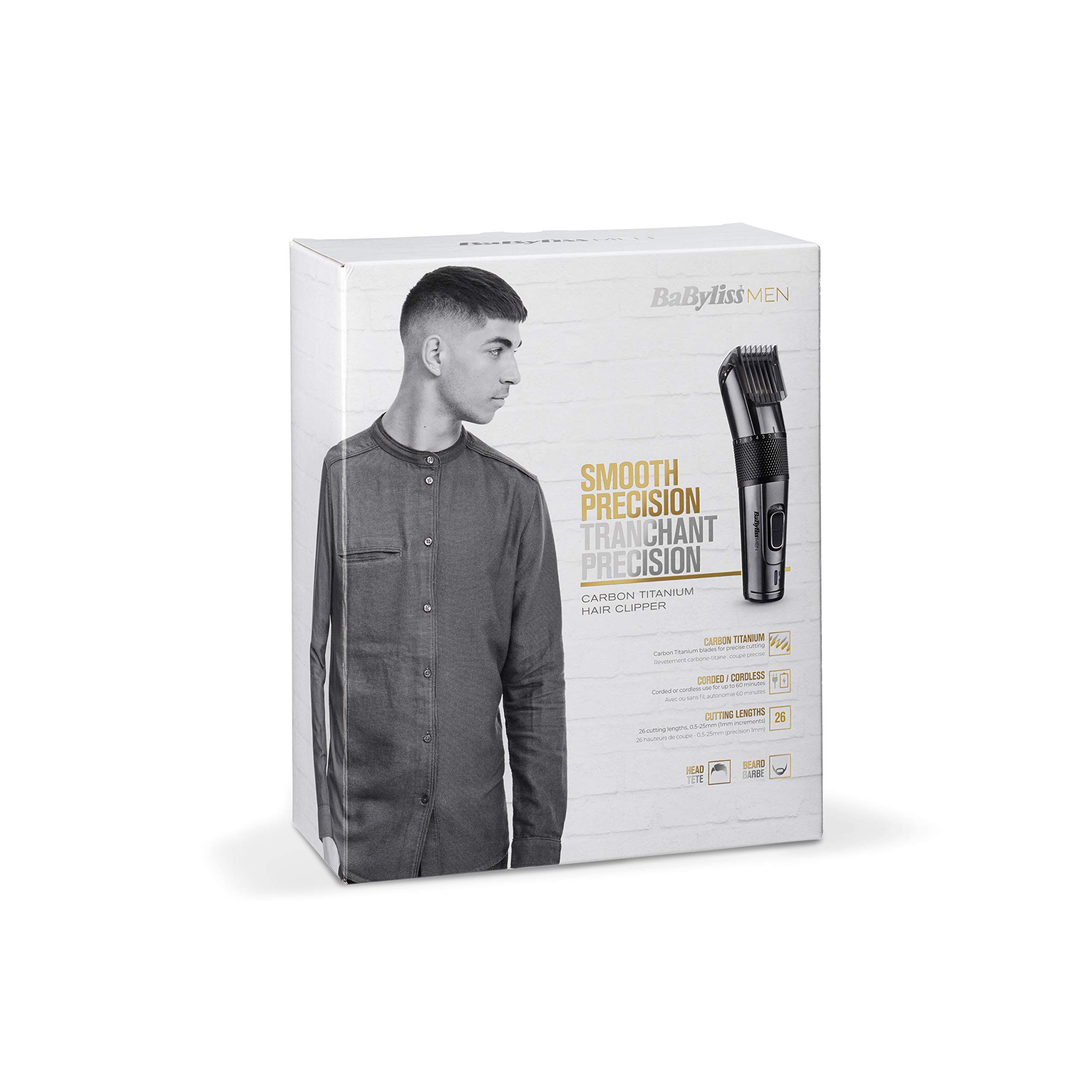 BaByliss MEN E978E Tagliacapelli con Lame in Titanio al Carbonio, a Rete/Ricaricabile, Mini Trimmer di Precisione Incluso, 26 Altezze di Taglio da 0.5 mm a 25 mm, Lame Lavabili, Custodia Rigida