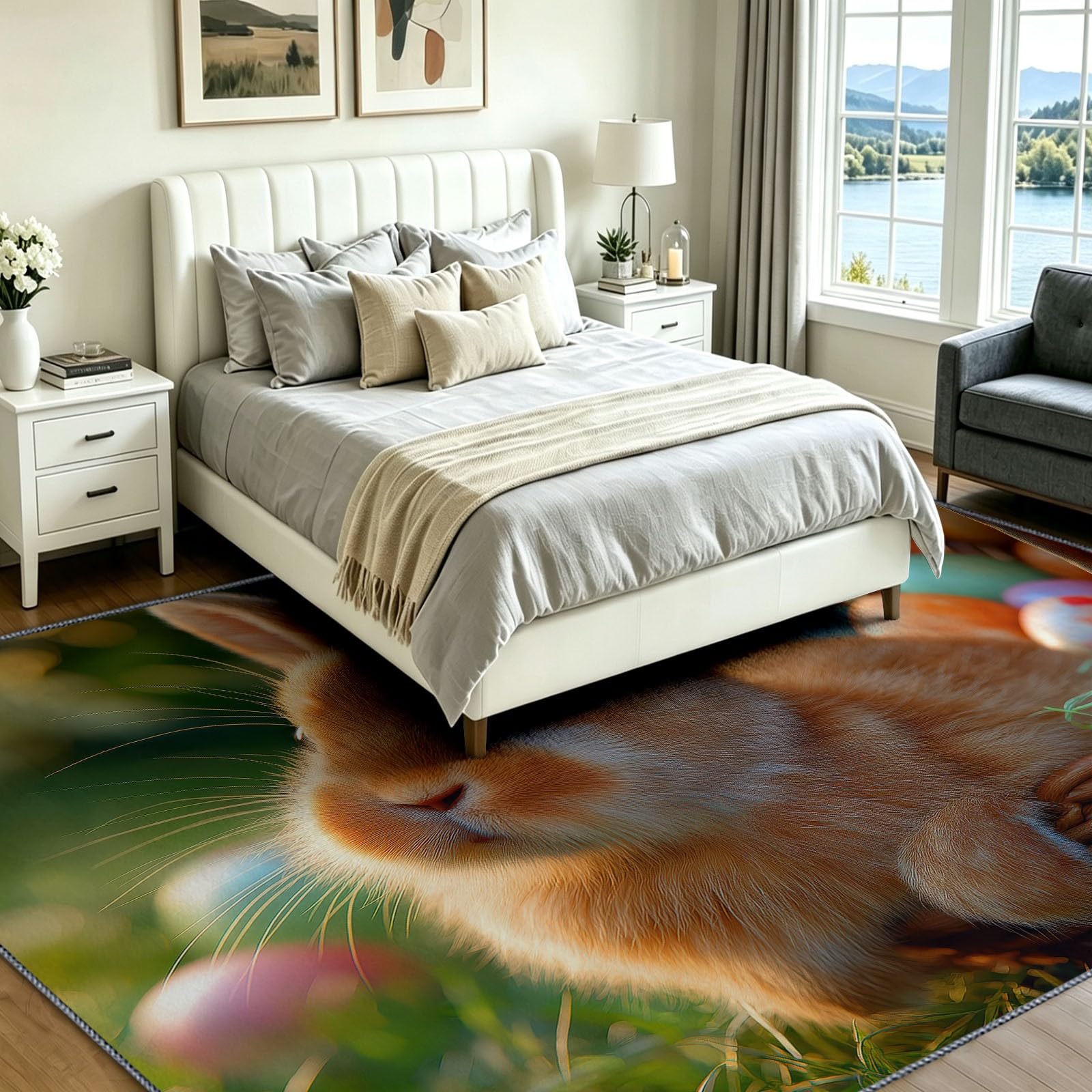 Generisch Alfombra lavable con dibujos animados en 3D, de Pascua, para salón, 160 x 230 cm, animales, conejos, huevos de Pascua, pelo corto, antideslizante, alfombra suave con estampado estampado para
