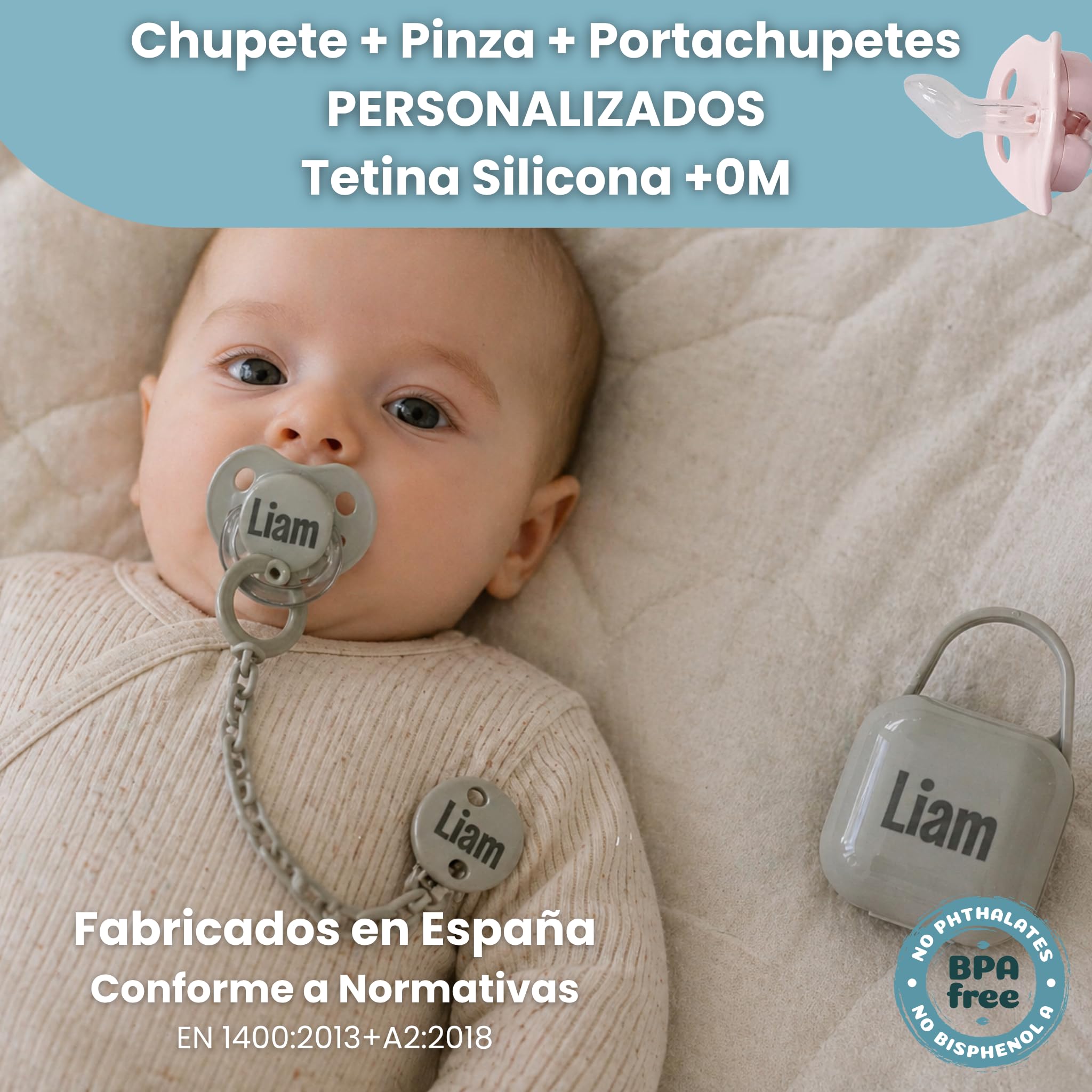 Canastilla Bebé Personalizada Pop!, Regalo Recién Nacido con Manta Bordada, Set Chupete Personalizado, Peluche Pulpo y Cosmética Bebé (Gris)
