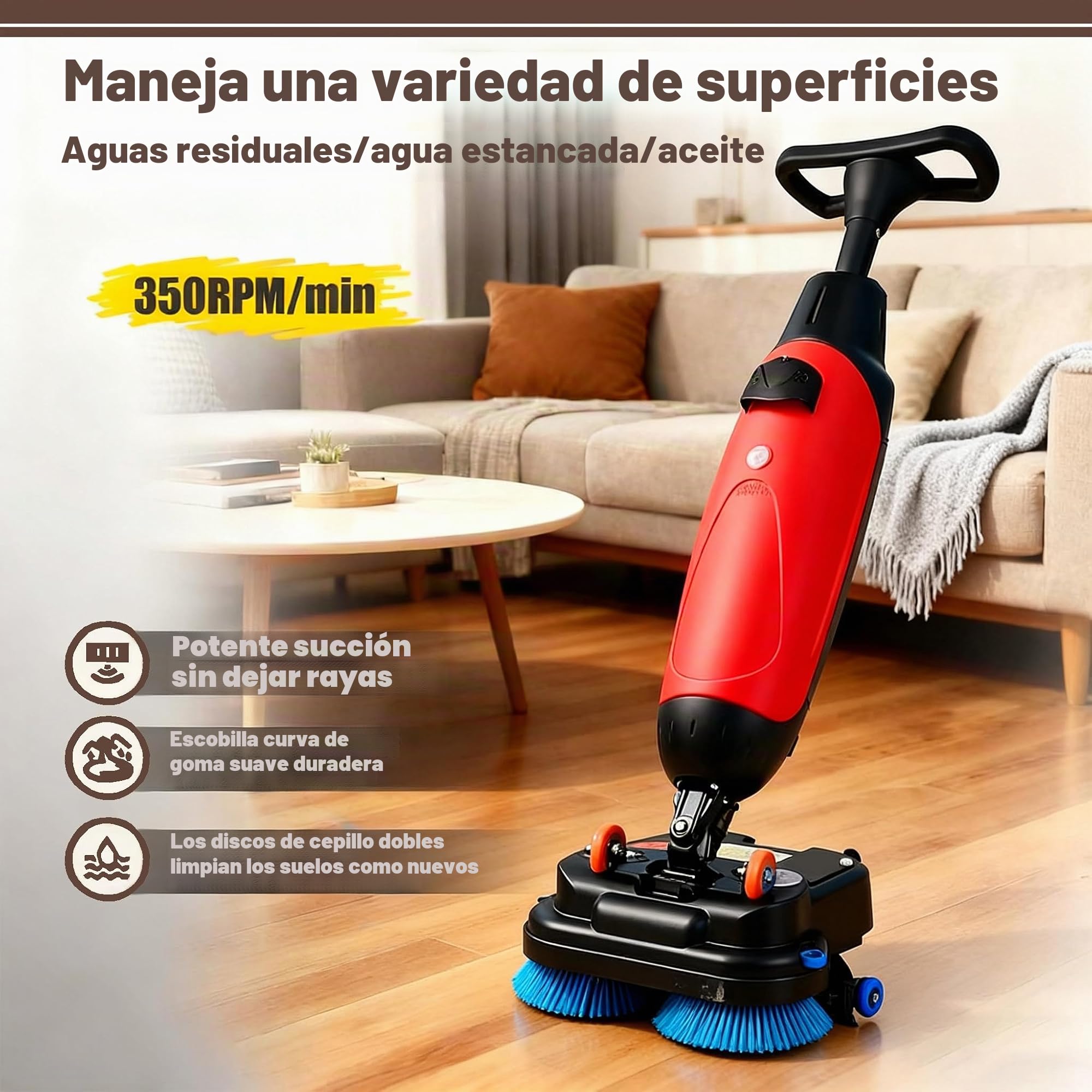 Cabezal Doble Eléctrica Fregona, Aspiradora Lavadora de Suelos Sin Cable, 2 Cepillos Rotativos 360°, Sistemas de Empuje, para Limpieza de Azulejos en Áreas Comerciales y Domésticas