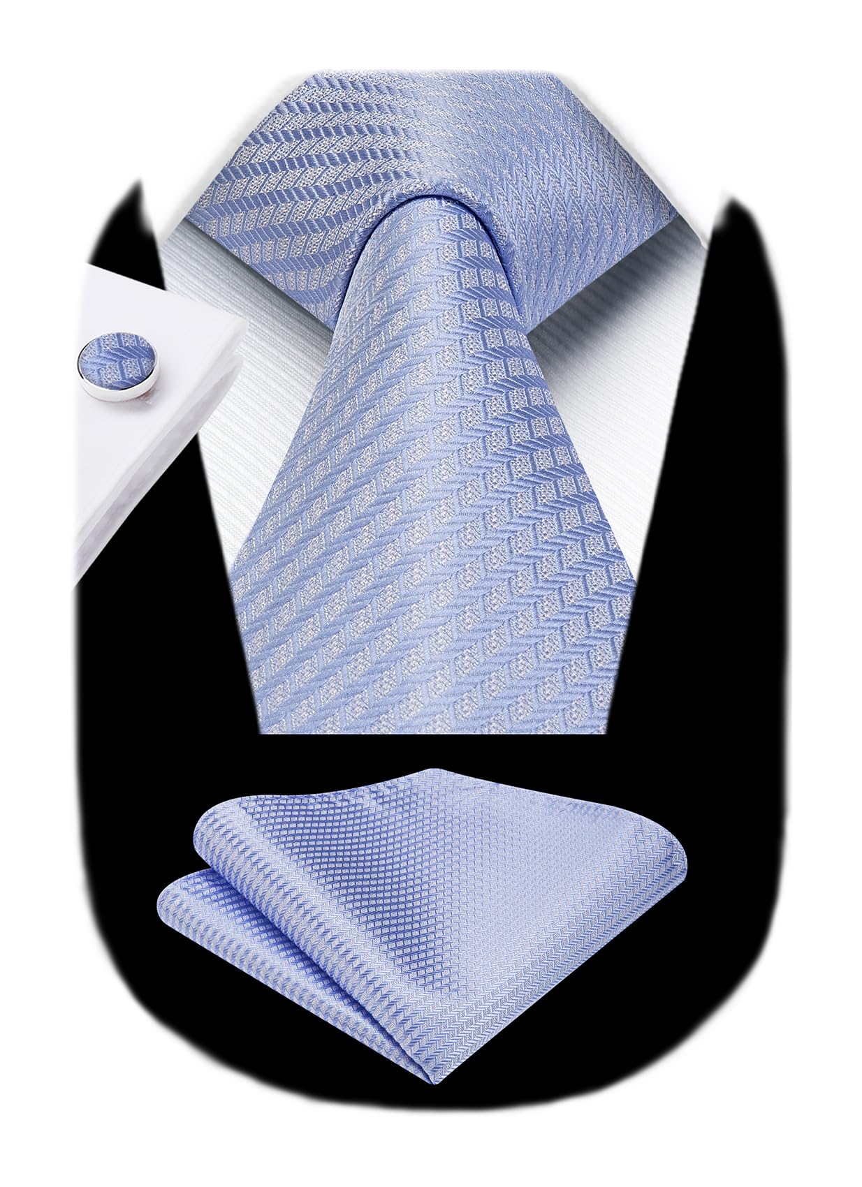 HISDERN Mens Solid Ties Formal Business Woven Tie and Pocket Square Cufflinks Set Classic Silk Satin Necktie Wedding