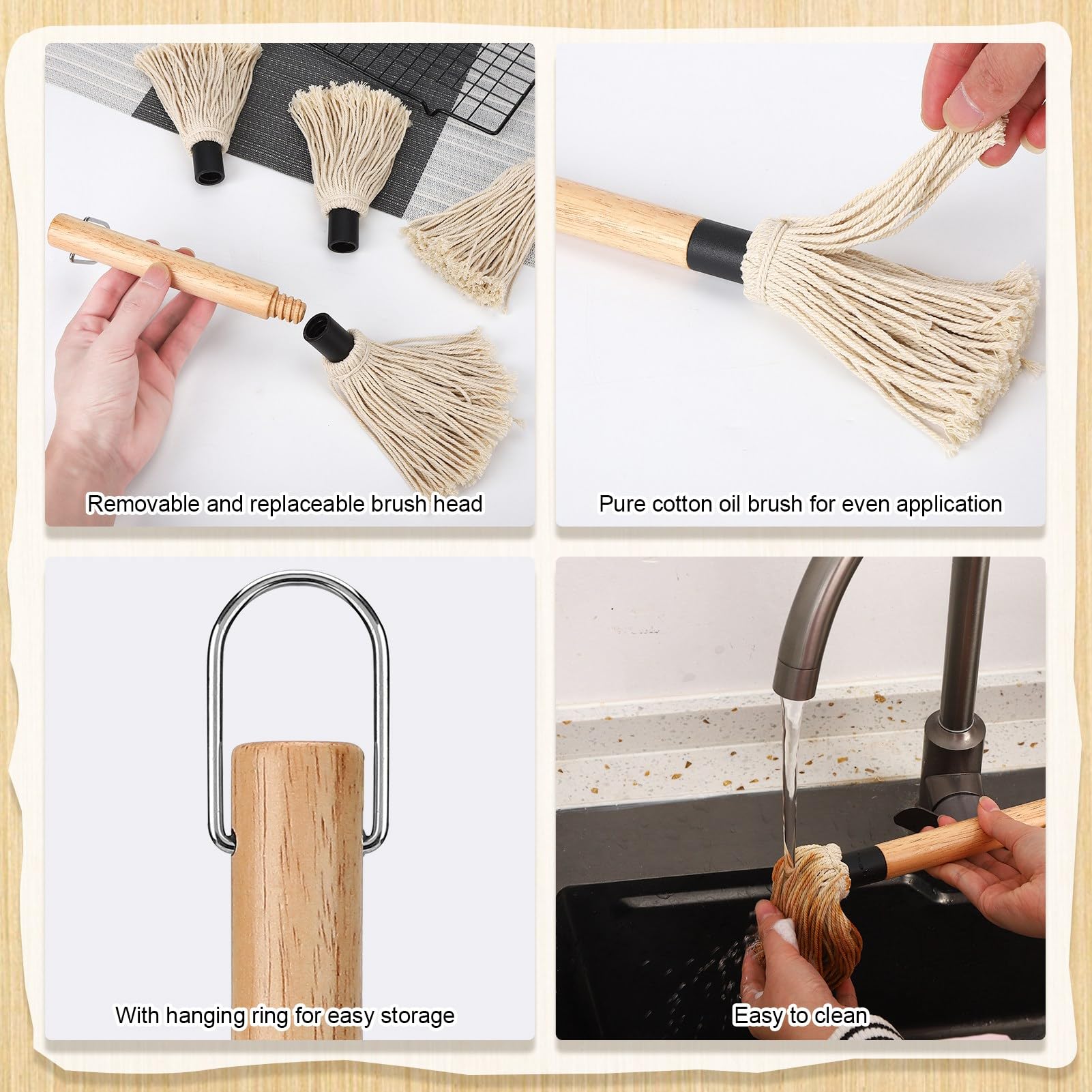 Meng Jiaran Lot de 2 brosses à badigeonner pour barbecue avec manche en bois et 2 têtes de rechange supplémentaires pour barbecue, grill, fumer le steak