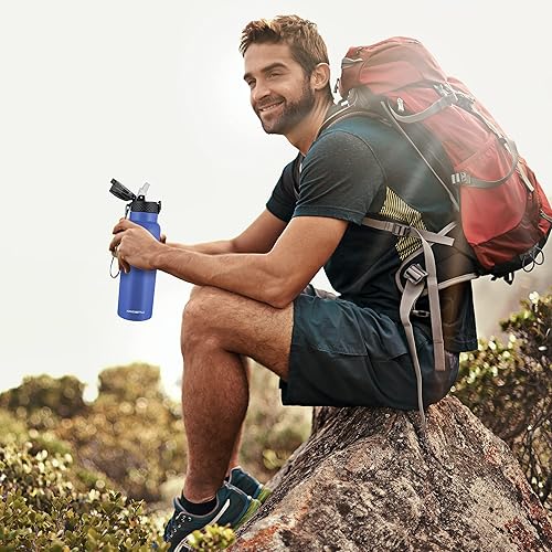 Miniatura 7 de Han's Bottle Botella de agua deportiva de 24 onzas, tapa con pajilla, a prueba de fugas, acero inoxidable aislado al vacío, doble pared, taza