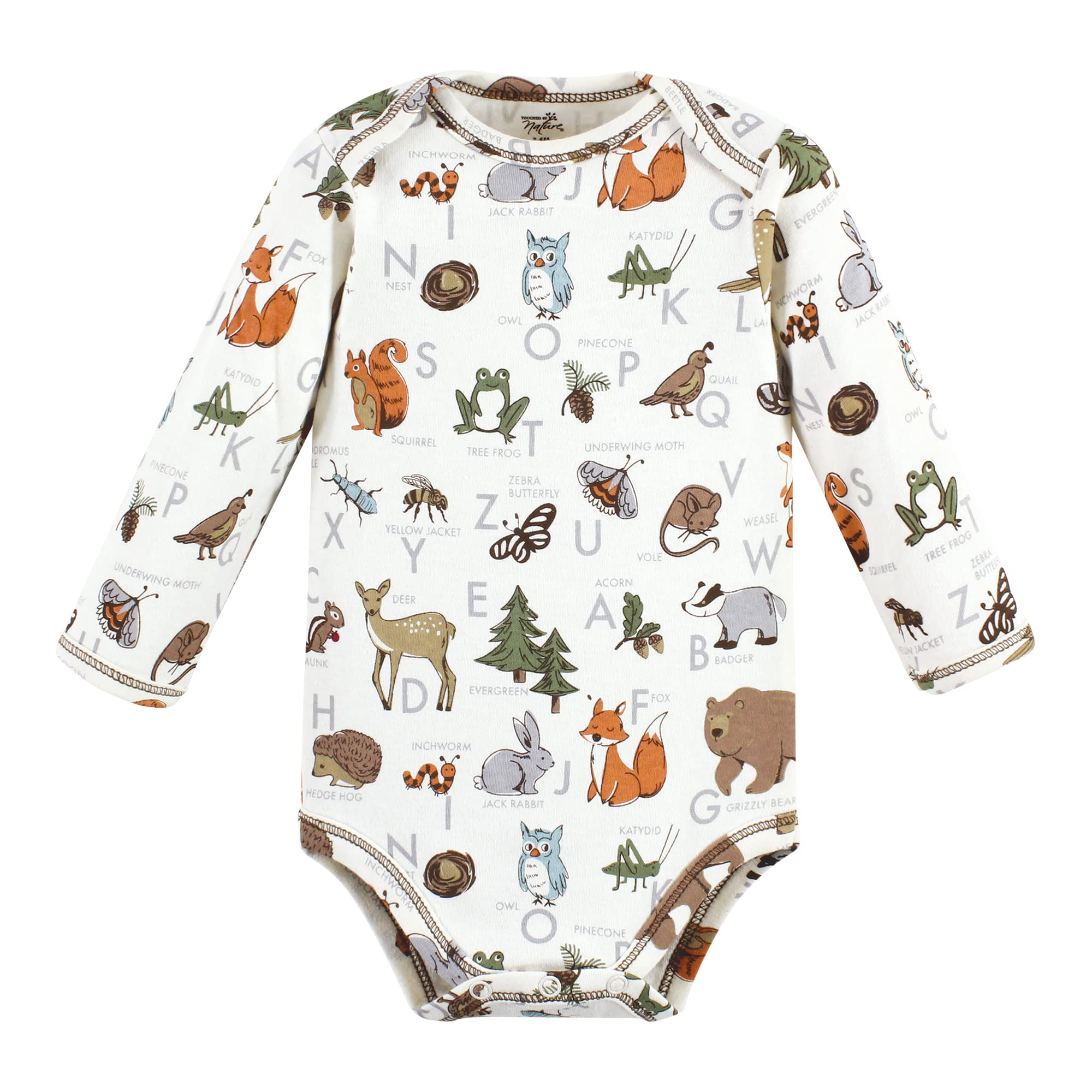 Touched by Nature Baby Cotton Long-Sleeve Bodysuits, Months Body Unisex de algodón orgánico de Manga Larga para niño Alphabet 9-12 Meses, Boy Woodland-Alfabeto (5 Unidades), Bebés
