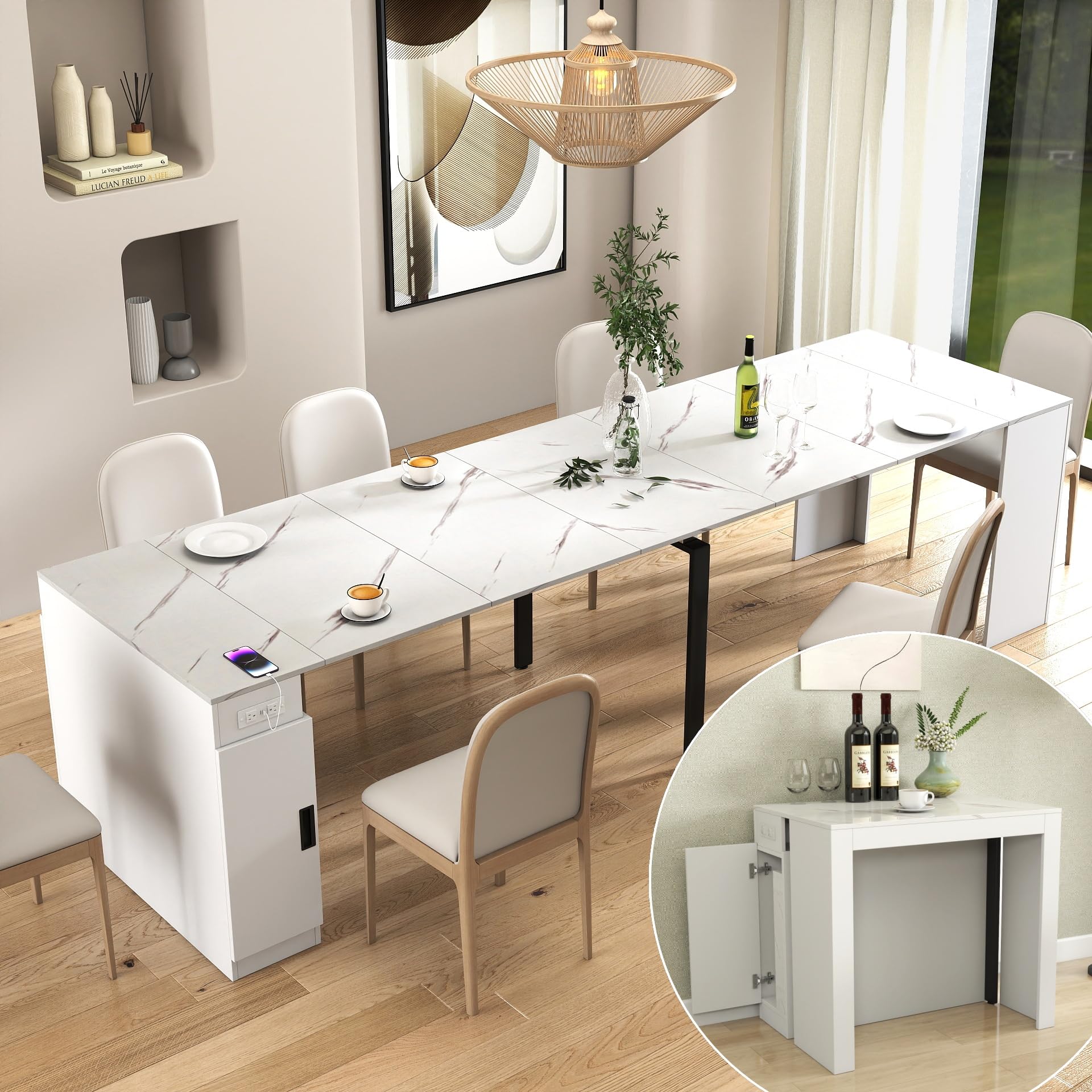 KEIKI 23.62”-118”L Extendable Foldable Dining Room Table with Storage Cabinet & Outlet, 1-10 People Wood Modern Rectangle Expandable Furniture for