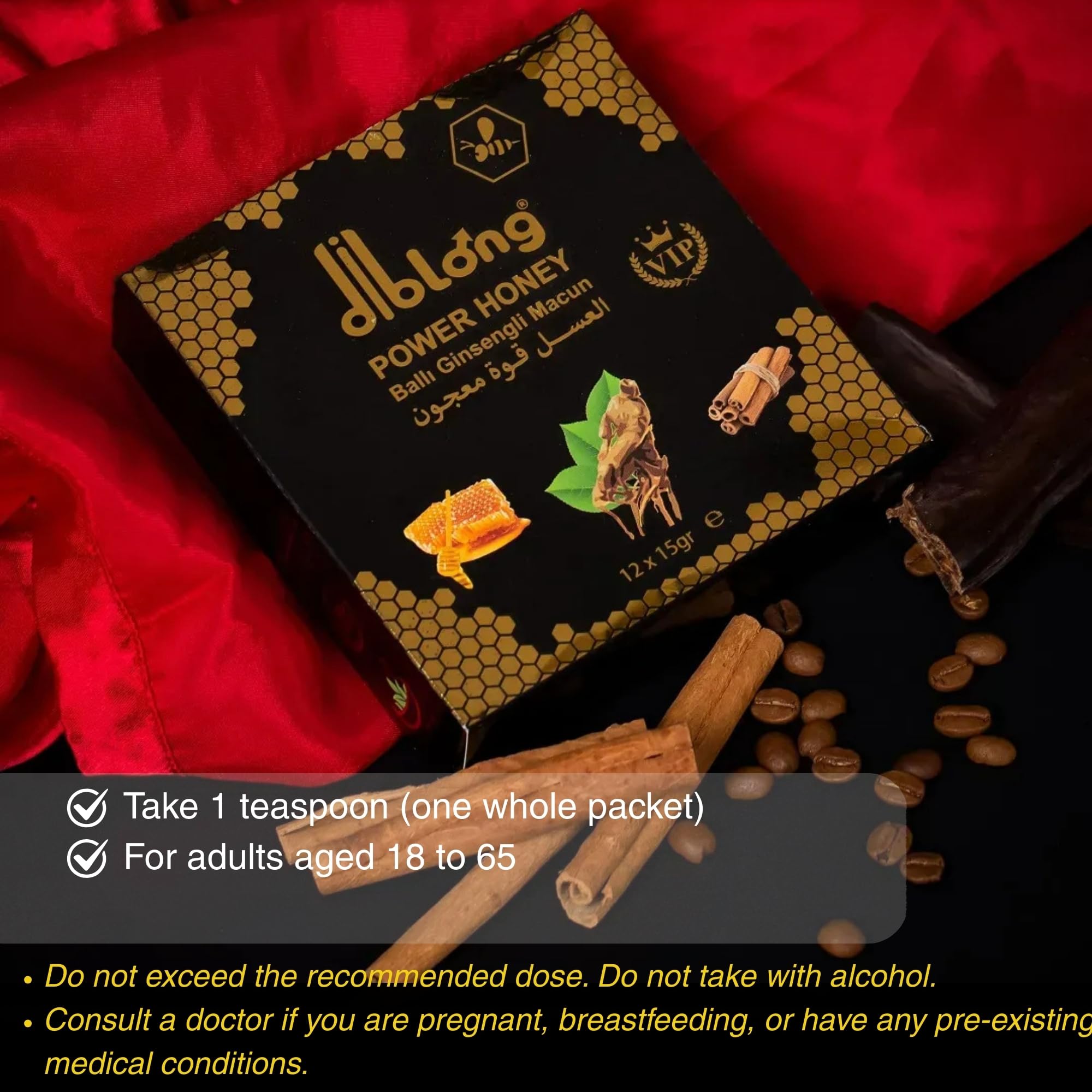 Diblong Natural Herbal Honey – Pack of 12 Sachets x 15g – Honey with Ginseng, Maca & Royal Jelly – Made in Turkey