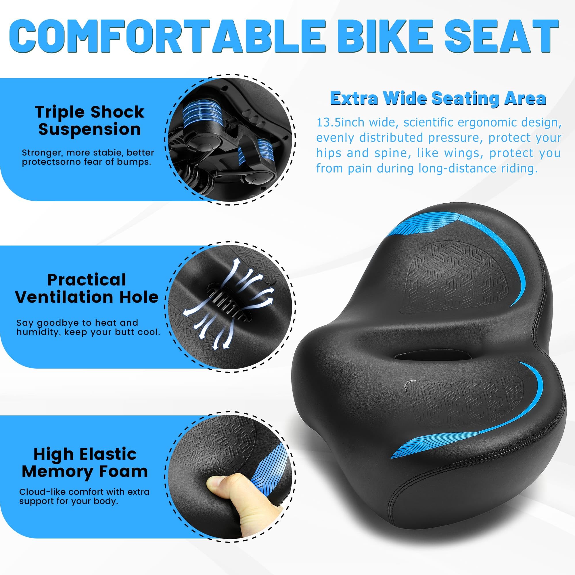 Noseless Siège de vélo surdimensionné, coussin de siège de vélo extra large pour homme et femme, grande selle de vélo pour vélo Peloton, vélo stationnaire, vélo d'appartement, vélo de ville, vélo