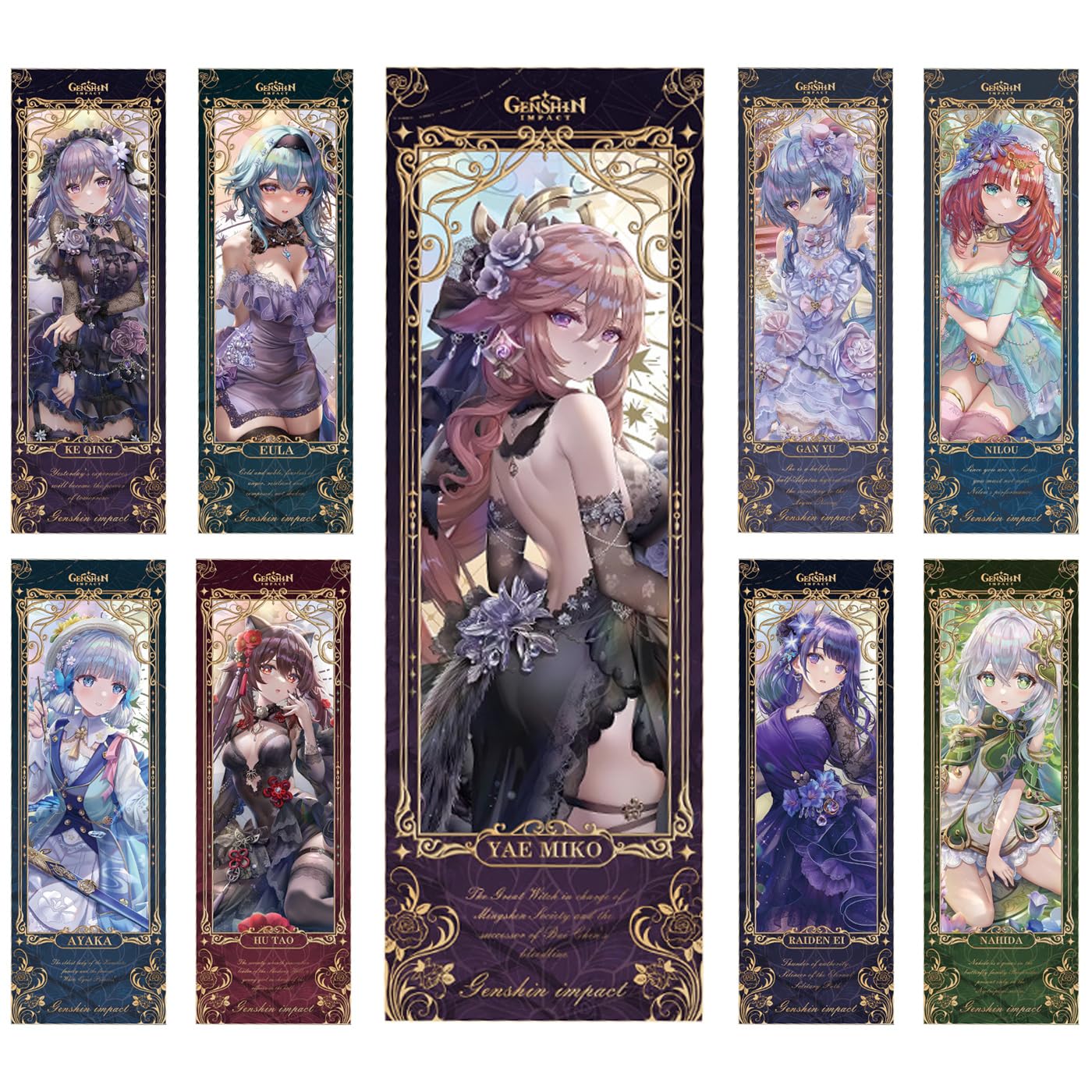 YJacuingGenshin Impact Evening Gowns Series Bookmarks, Double Sided Page Markers Merch for Game Fans (Set-A, 9 PCS)