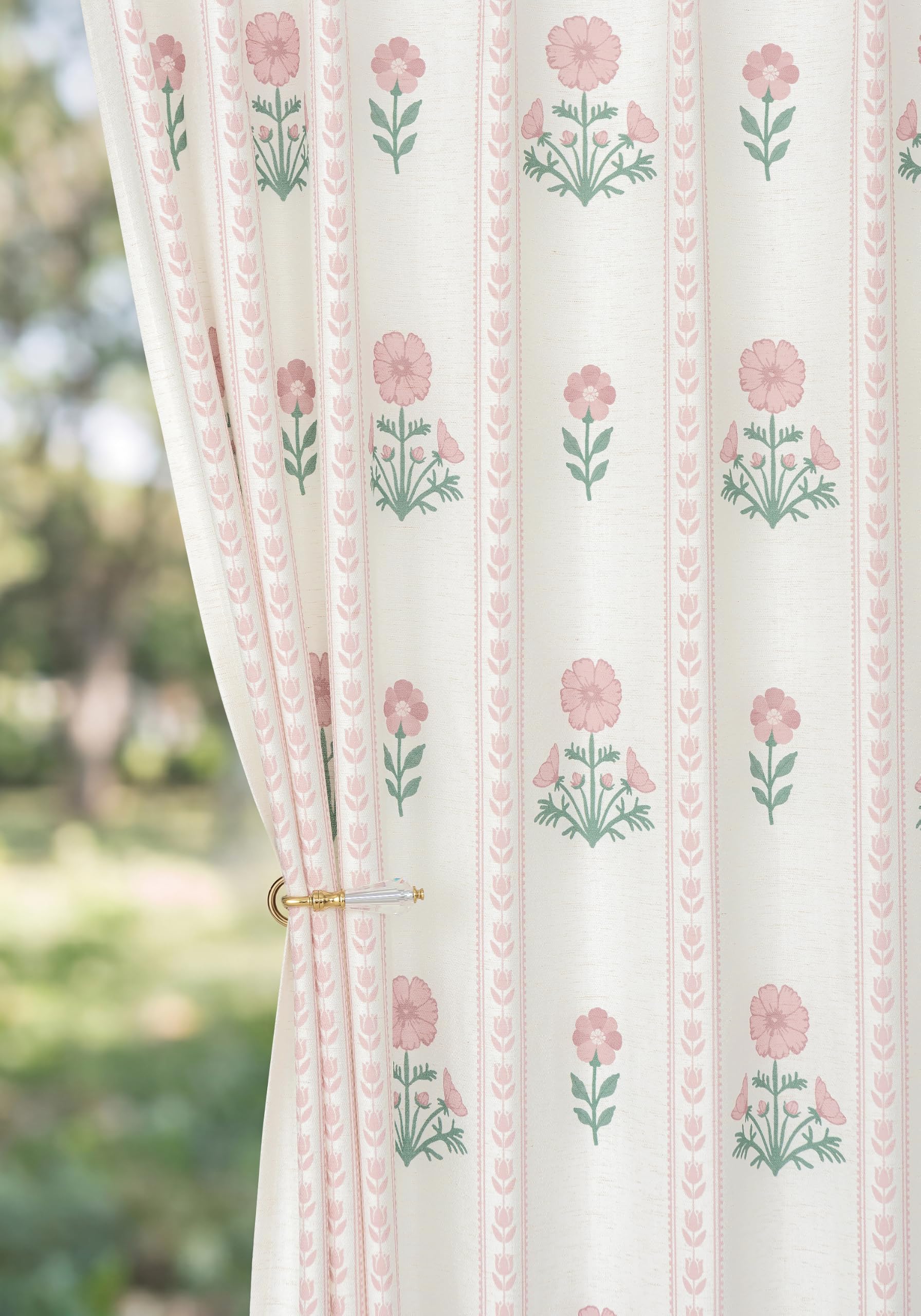 THREE GIRLS Pinch Pleated Light Filtering Linen Blend Floral Block Print Curtains for Girls Room, Nursery, Living Room, Modern Farmhouse, Memory Trained, Hooks, 2 Panels Set, 40"x84", Pink — image 1