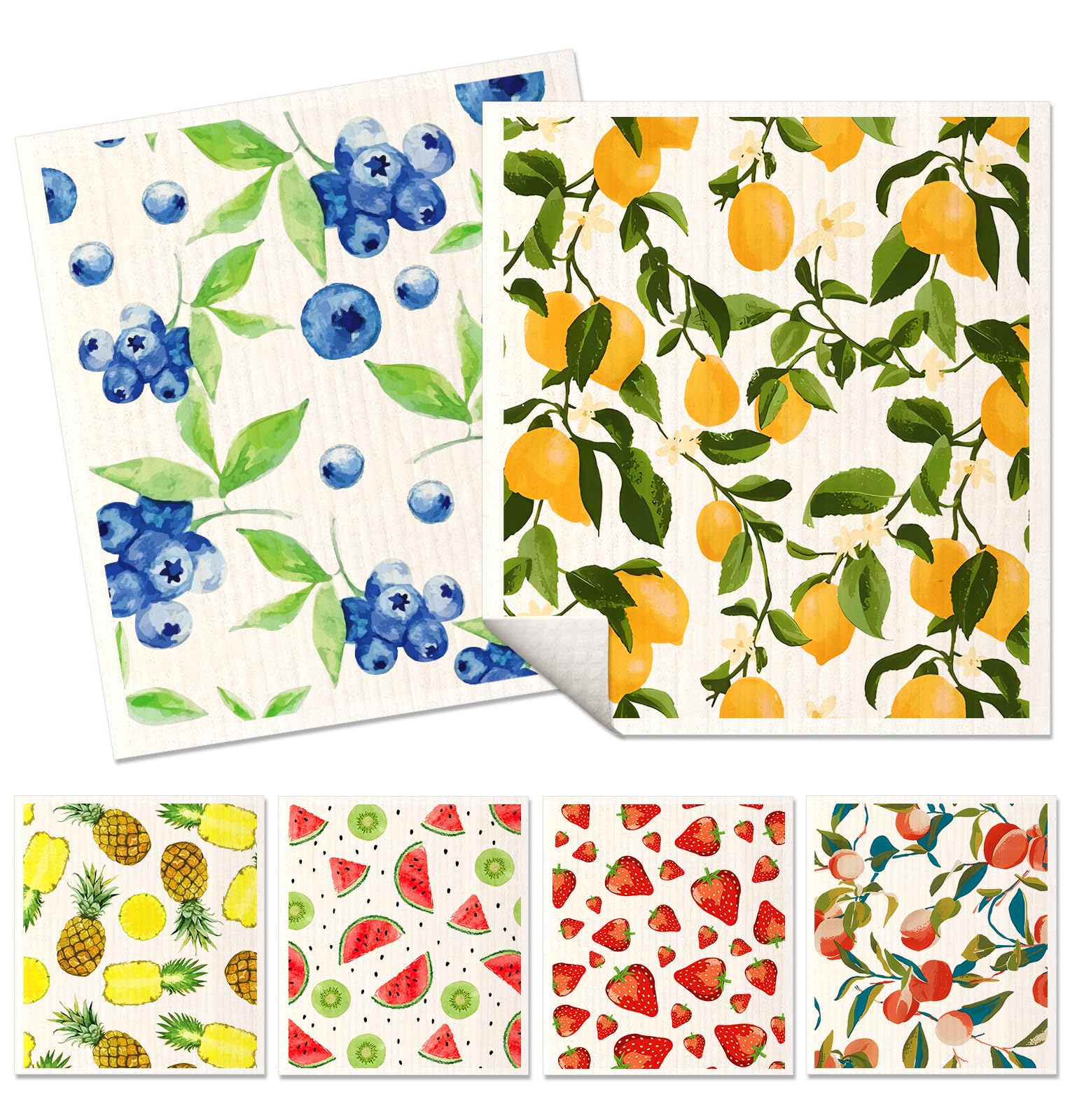 6 Pack Swedish Dishcloths for Kitchen - Reusable Dish Cloths for Washing Dishes Absorbent Cute Funny Kitchen Towels Cleaning Sponge, Lemon Fruit