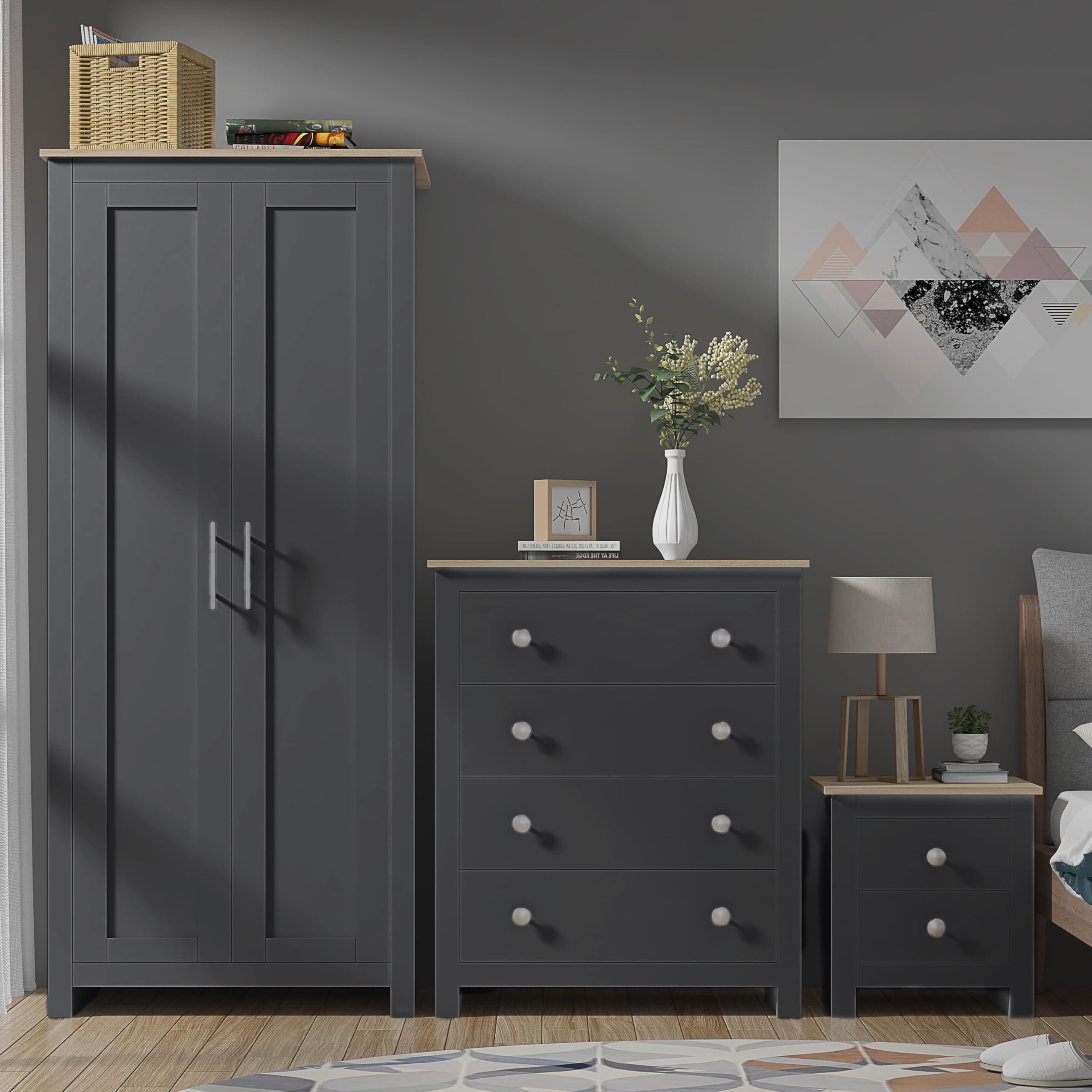 Grey on Oak Bedroom Furniture Set 3 Piece Set with Wardrobe Chest of Drawer Bedside Table Modern Bedroom Storage (Grey on Oak)